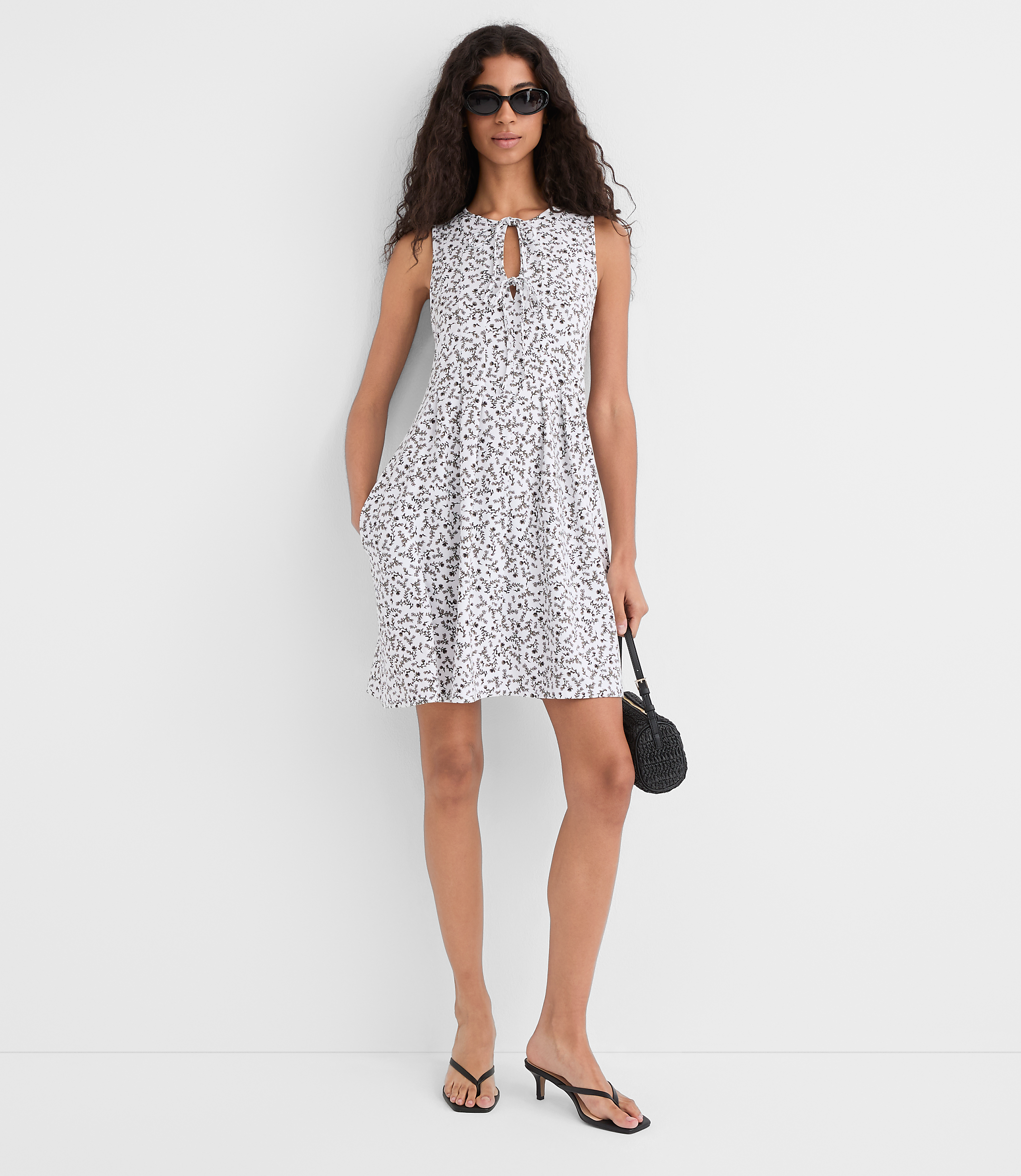 Floral Pintucked Bow Mini Pocket Dress