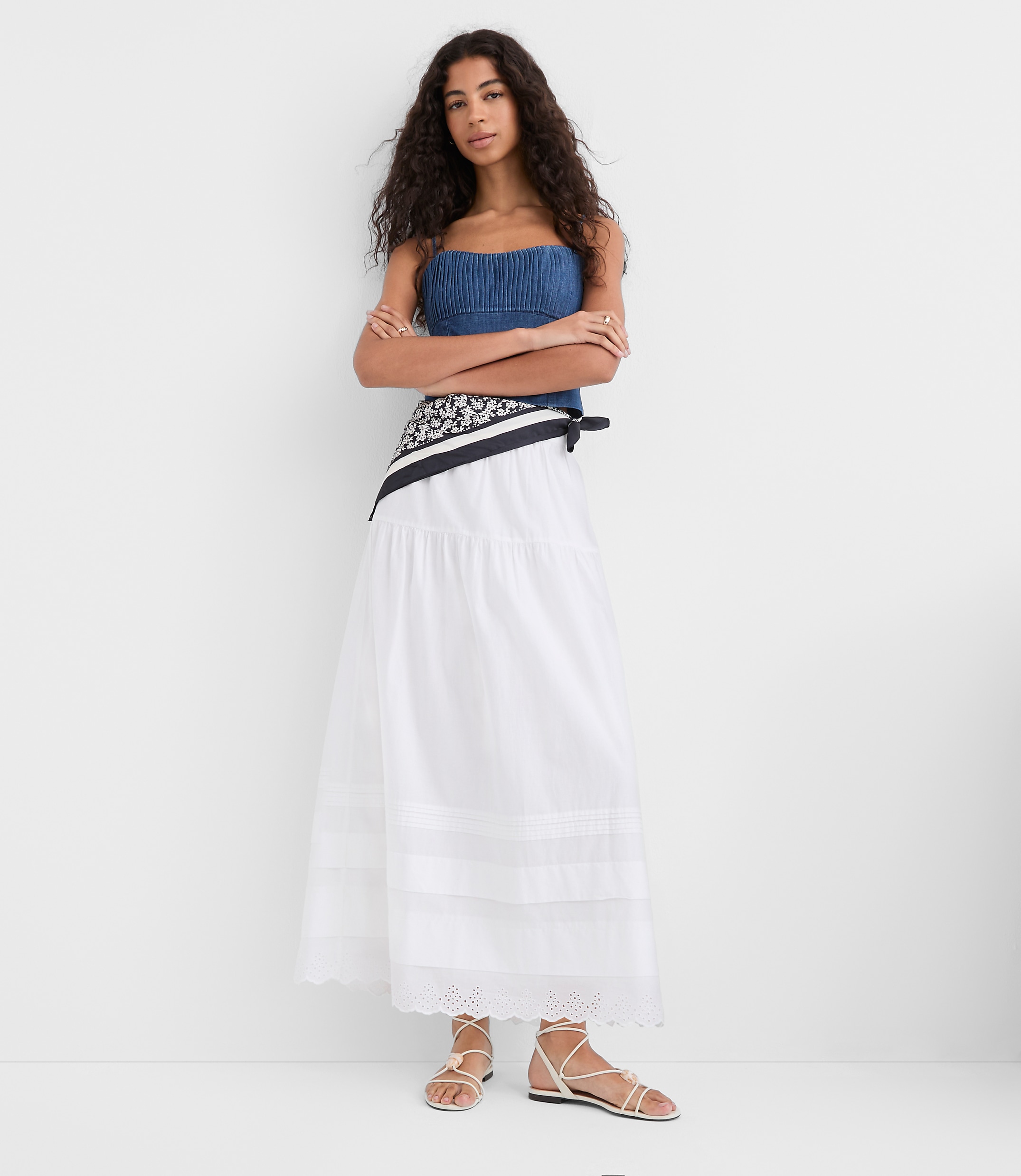 Scalloped Eyelet Pintucked Maxi Skirt