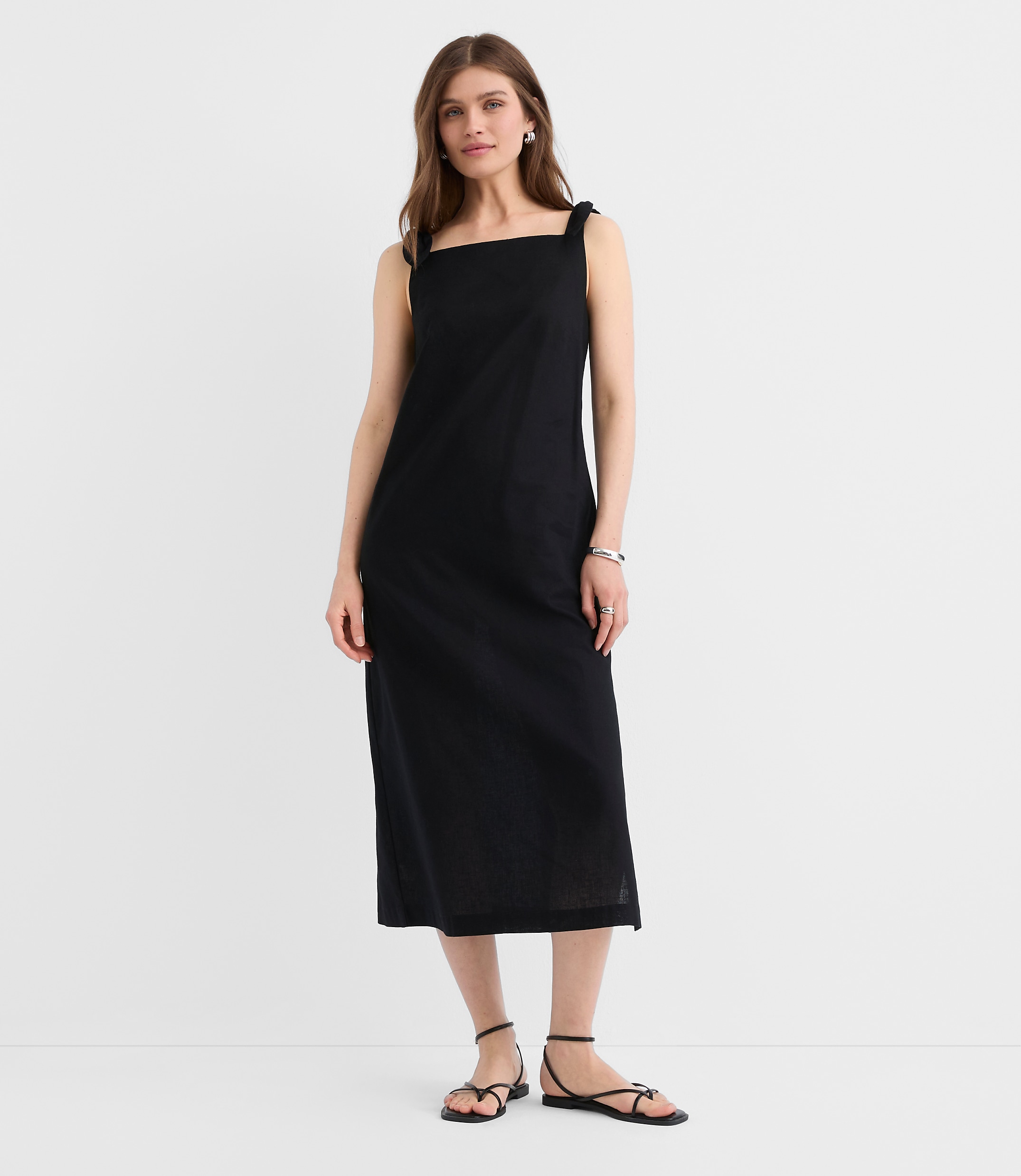 Petite Linen Cotton Tie Boatneck Midi Dress