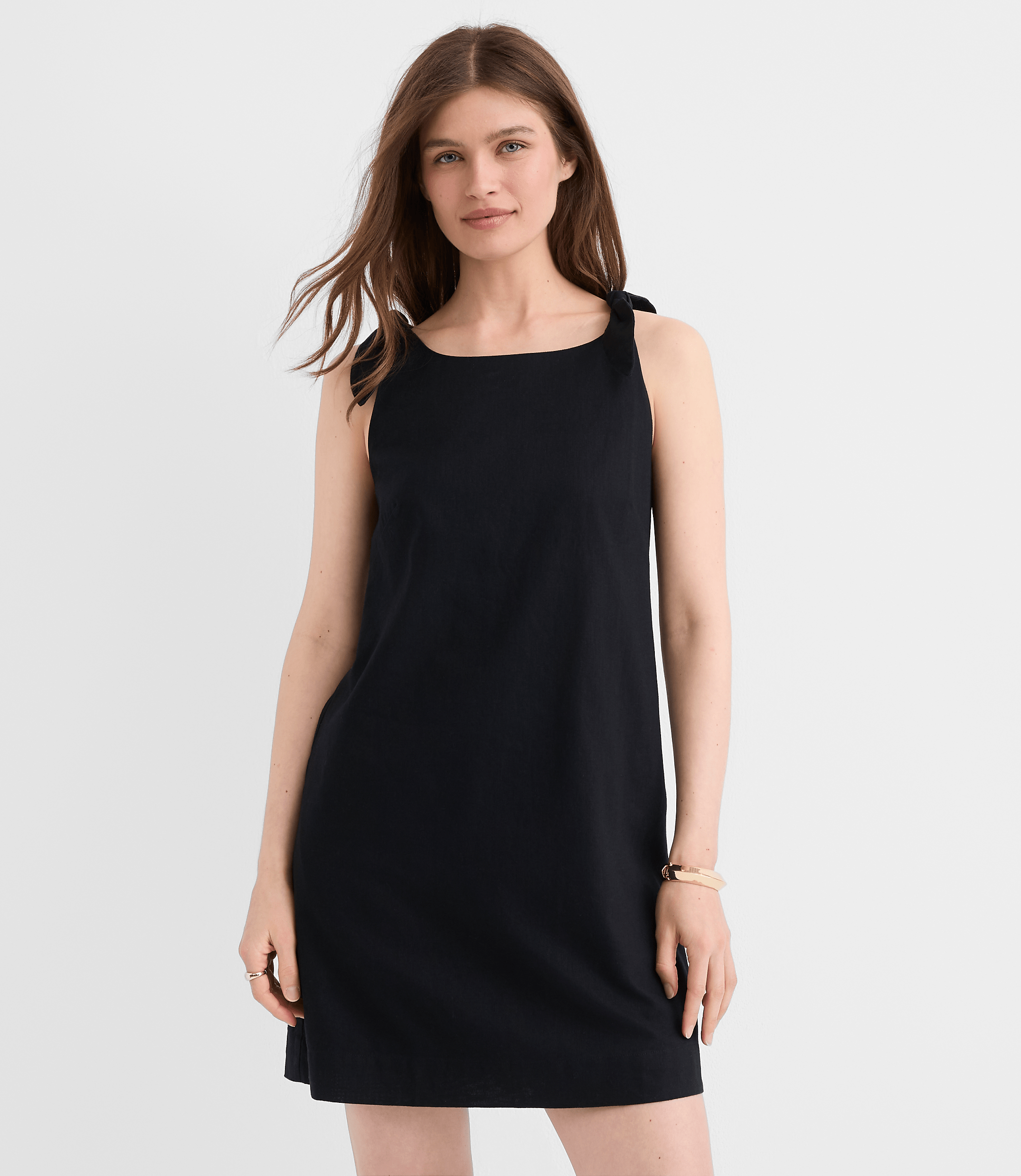Loft Linen Cotton Tie Boatneck Mini Dress Size Medium Black Women's