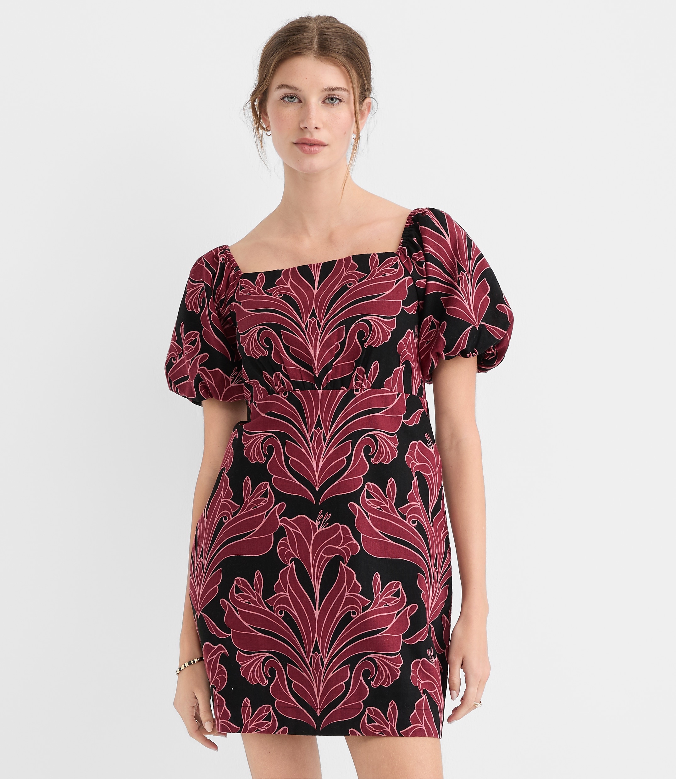 Petite Floral Linen Cotton Puff Sleeve Mini Pocket Dress