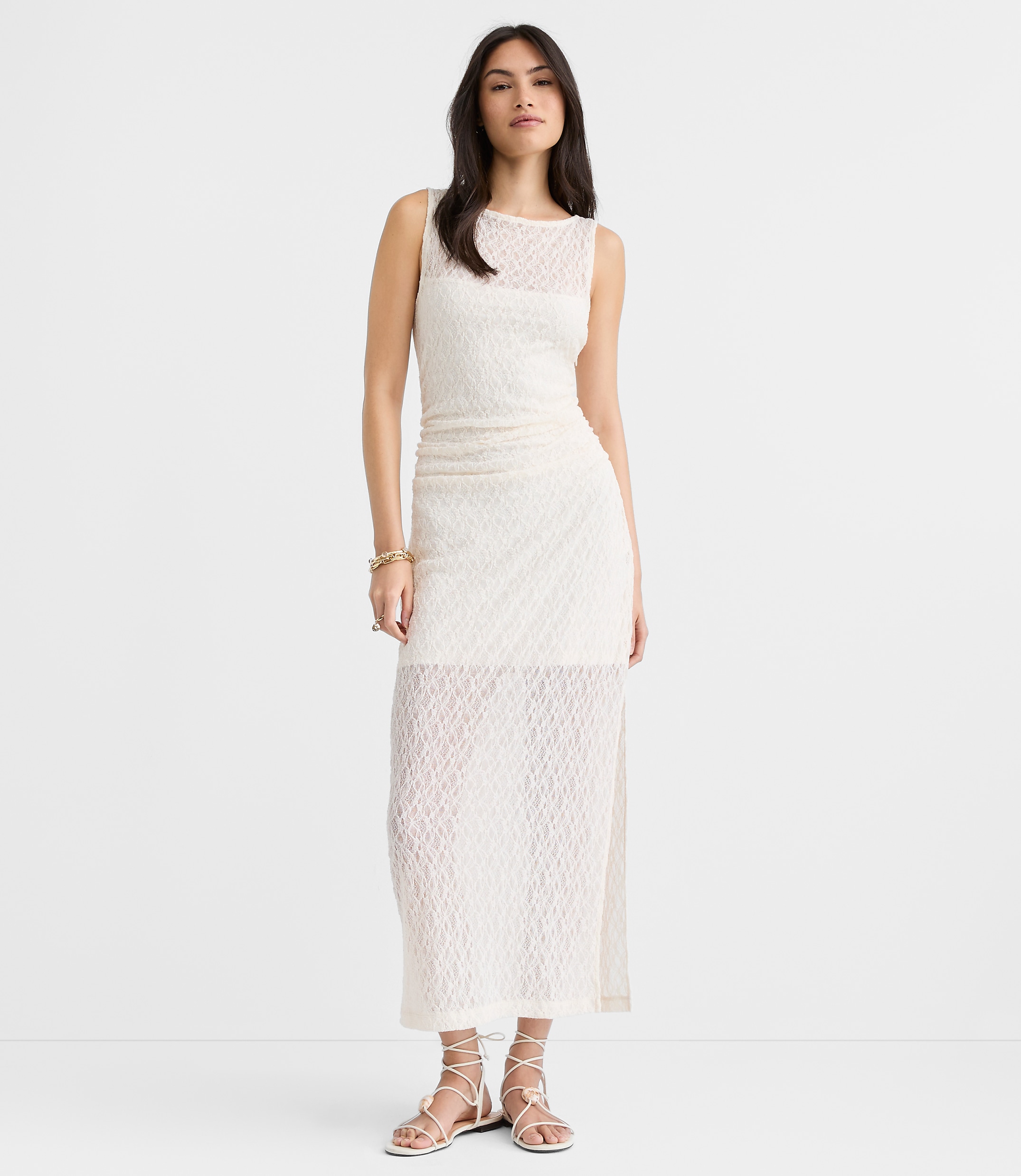 Petite Lace Ruched Boatneck Midi Dress