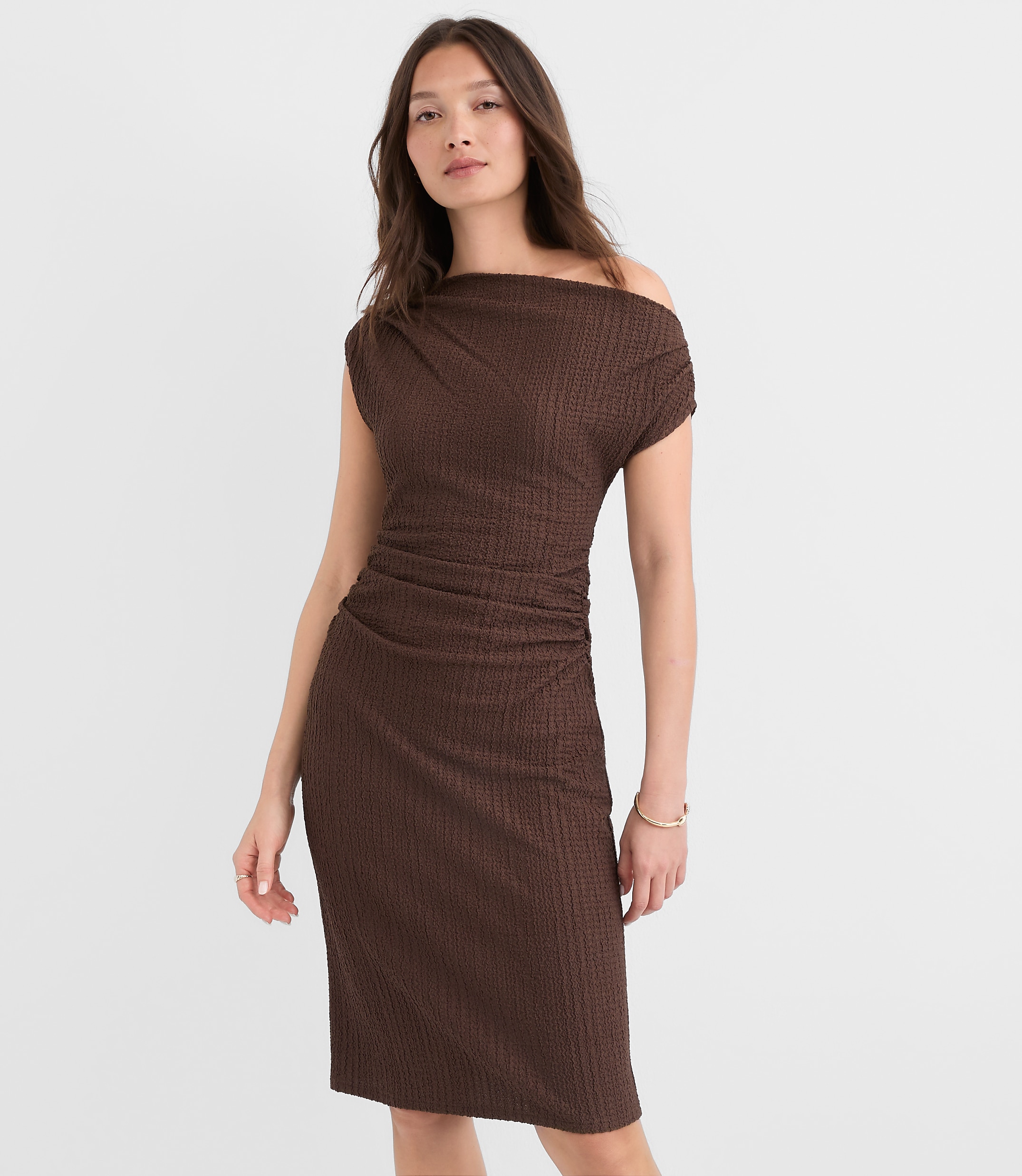Petite Stitchy Asymmetrical Ruched Mini Dress