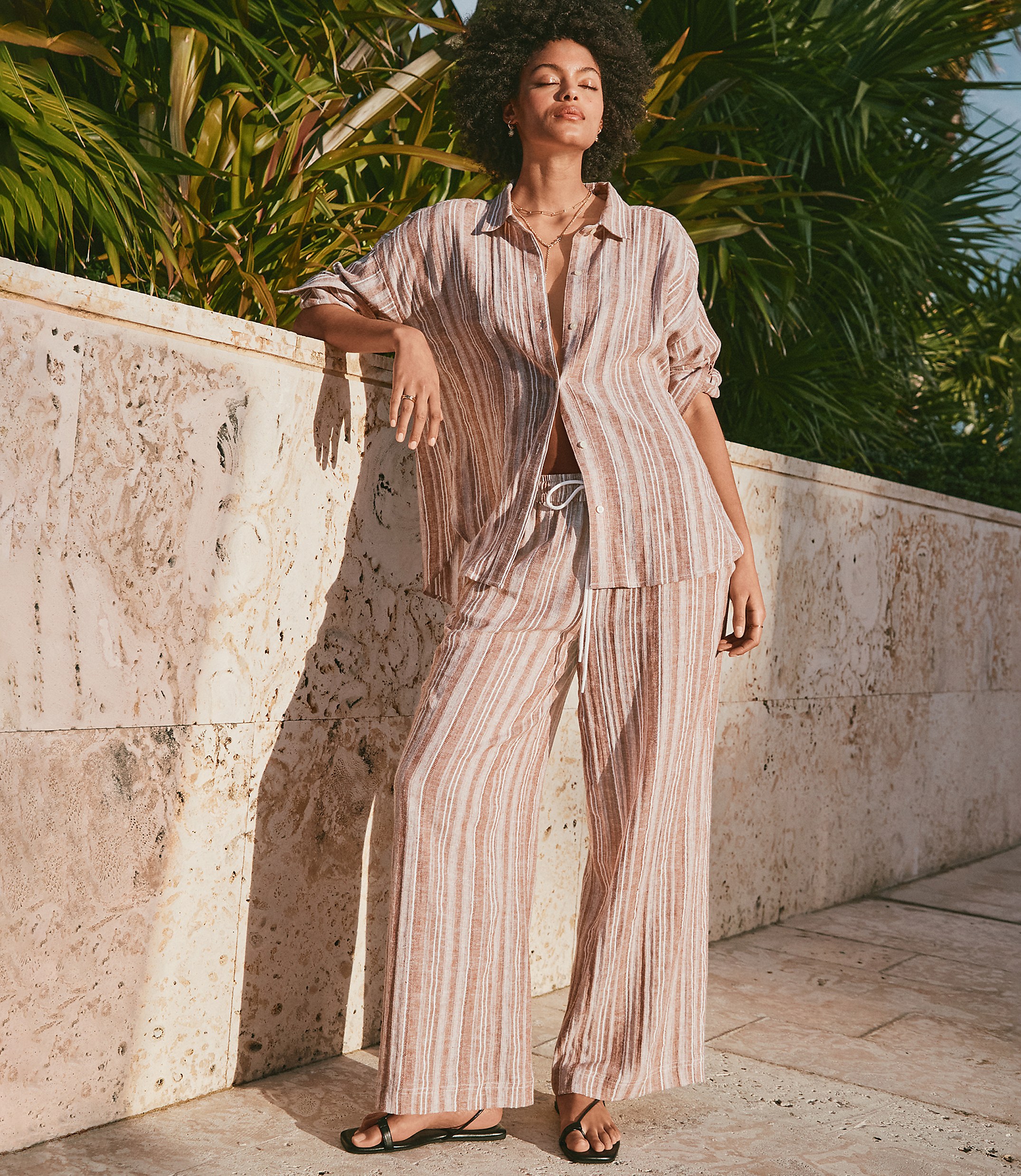 Lou & Grey Striped Linen Cotton Wide Leg Crop Pants