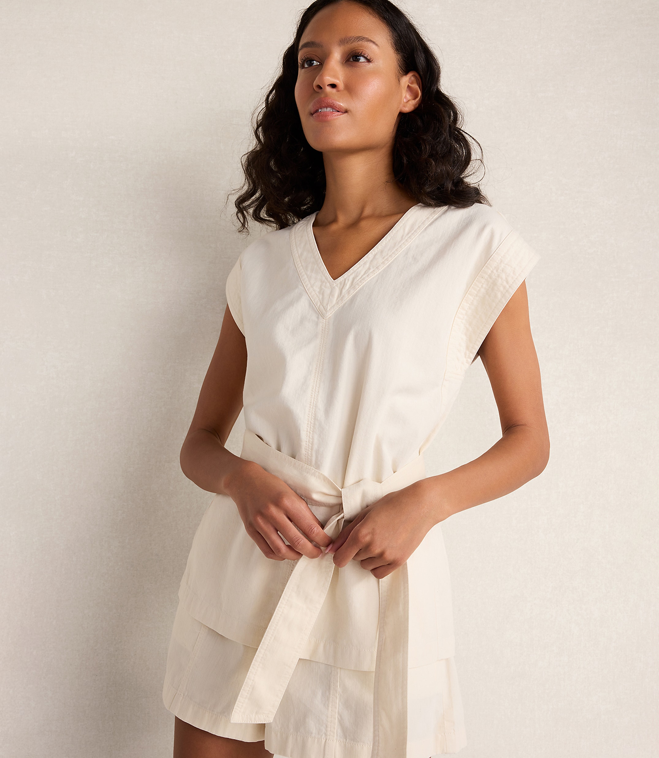 Haven Well Within Cotton Ecru Denim V-Neck Belted Top