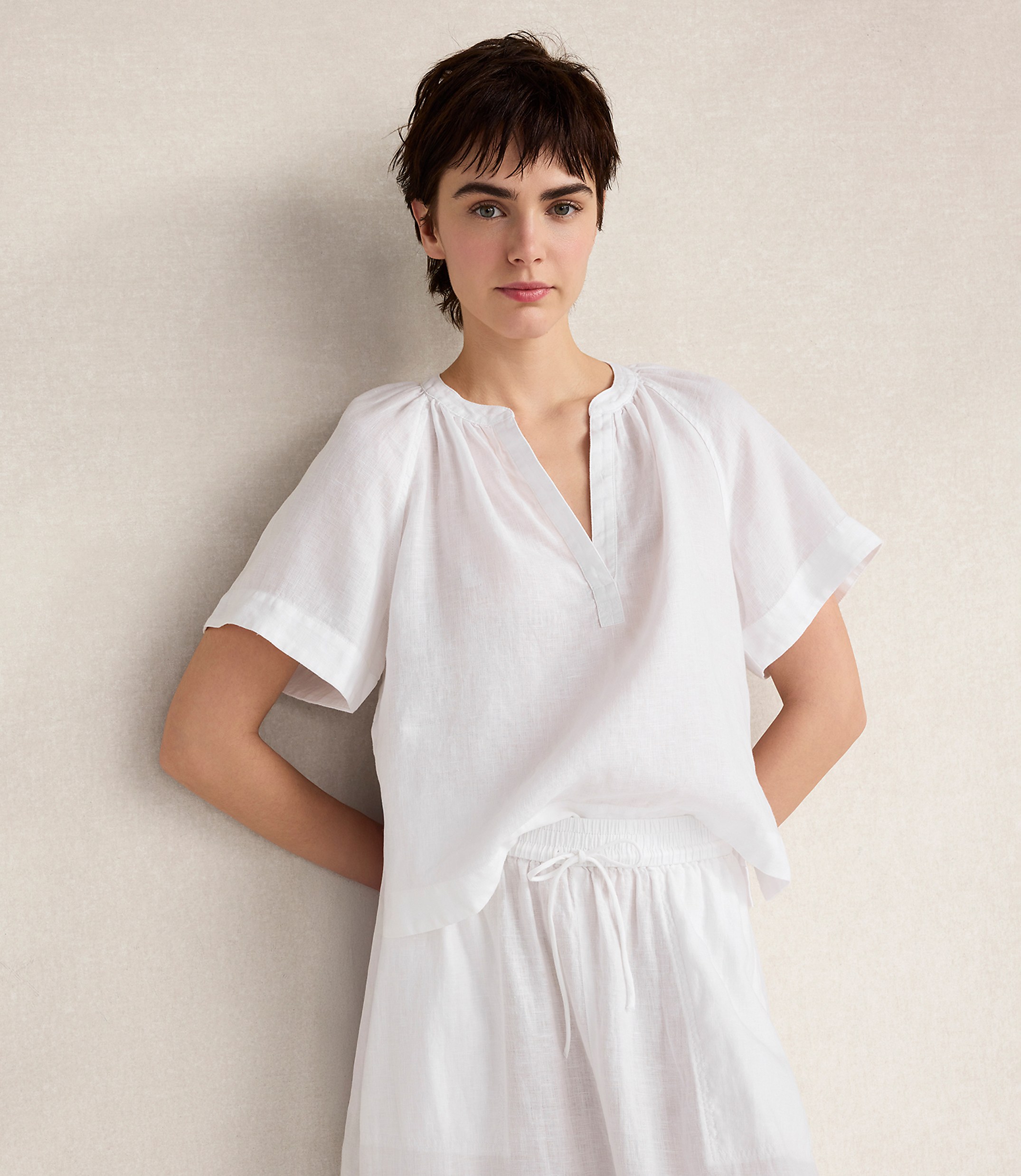 Haven Well Within Linen Gathered V-Neck Top