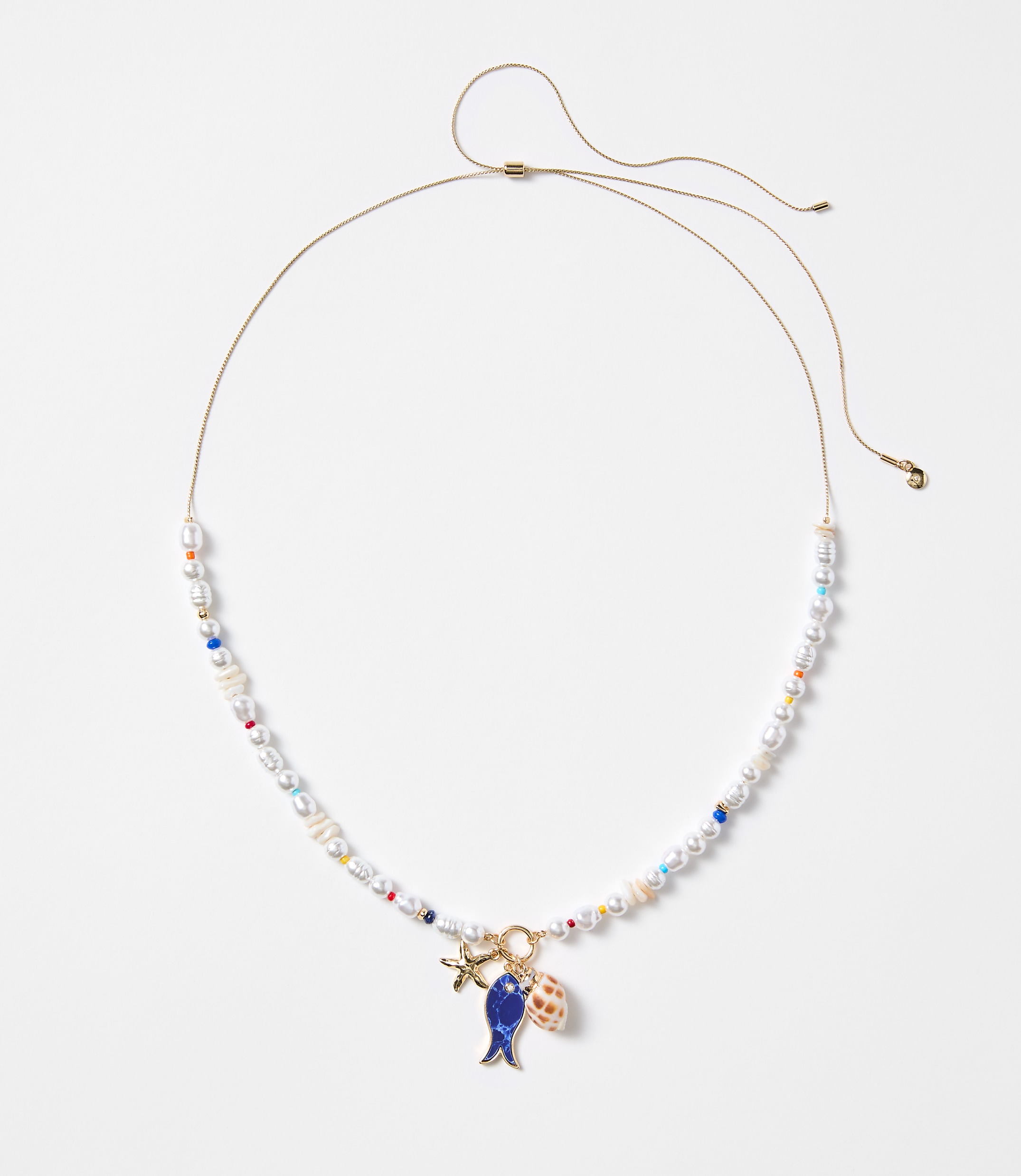 Pearlized Fish & Seashell Pull Tie Necklace