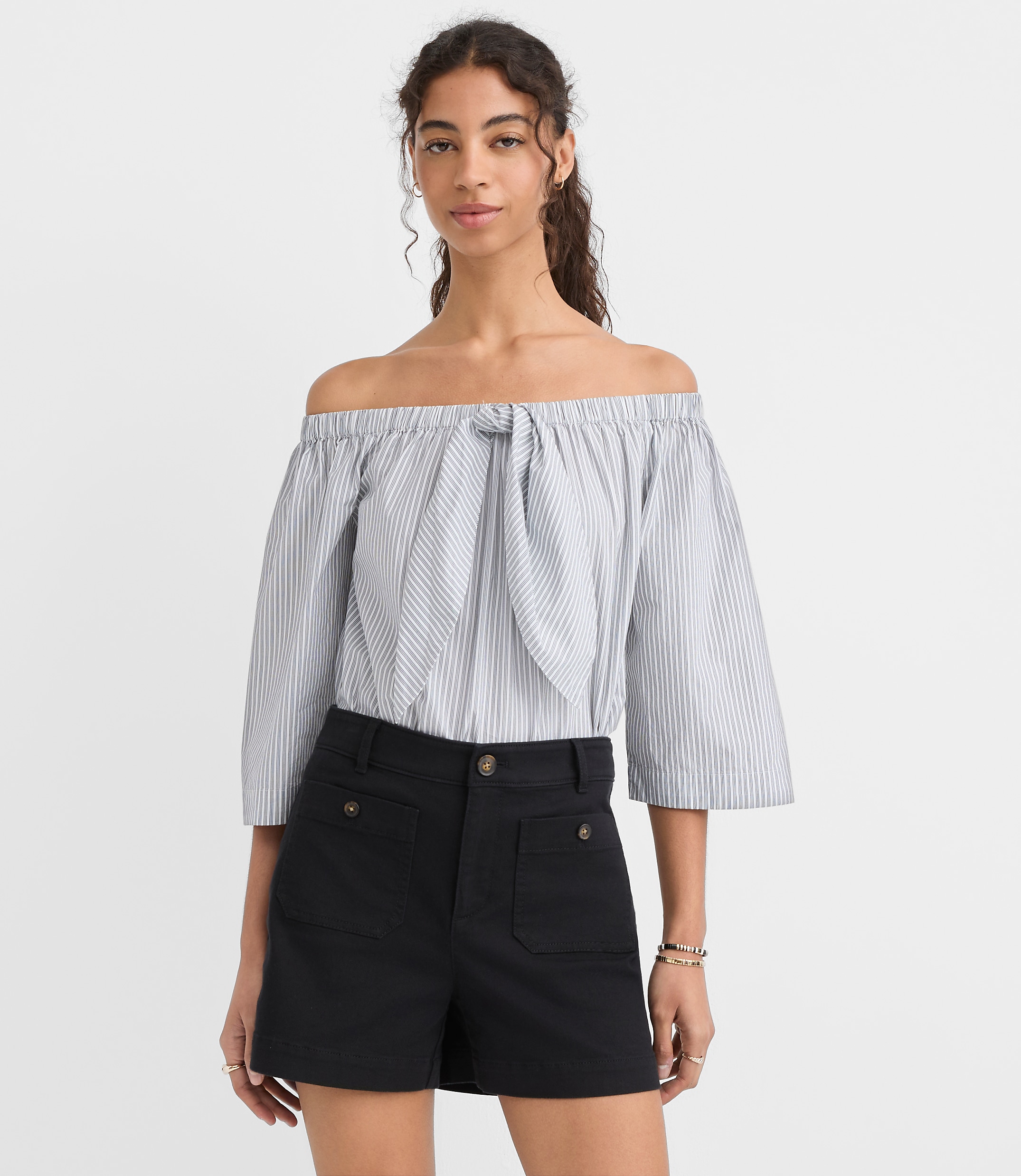 Petite Striped Poplin Bow Off The Shoulder Top