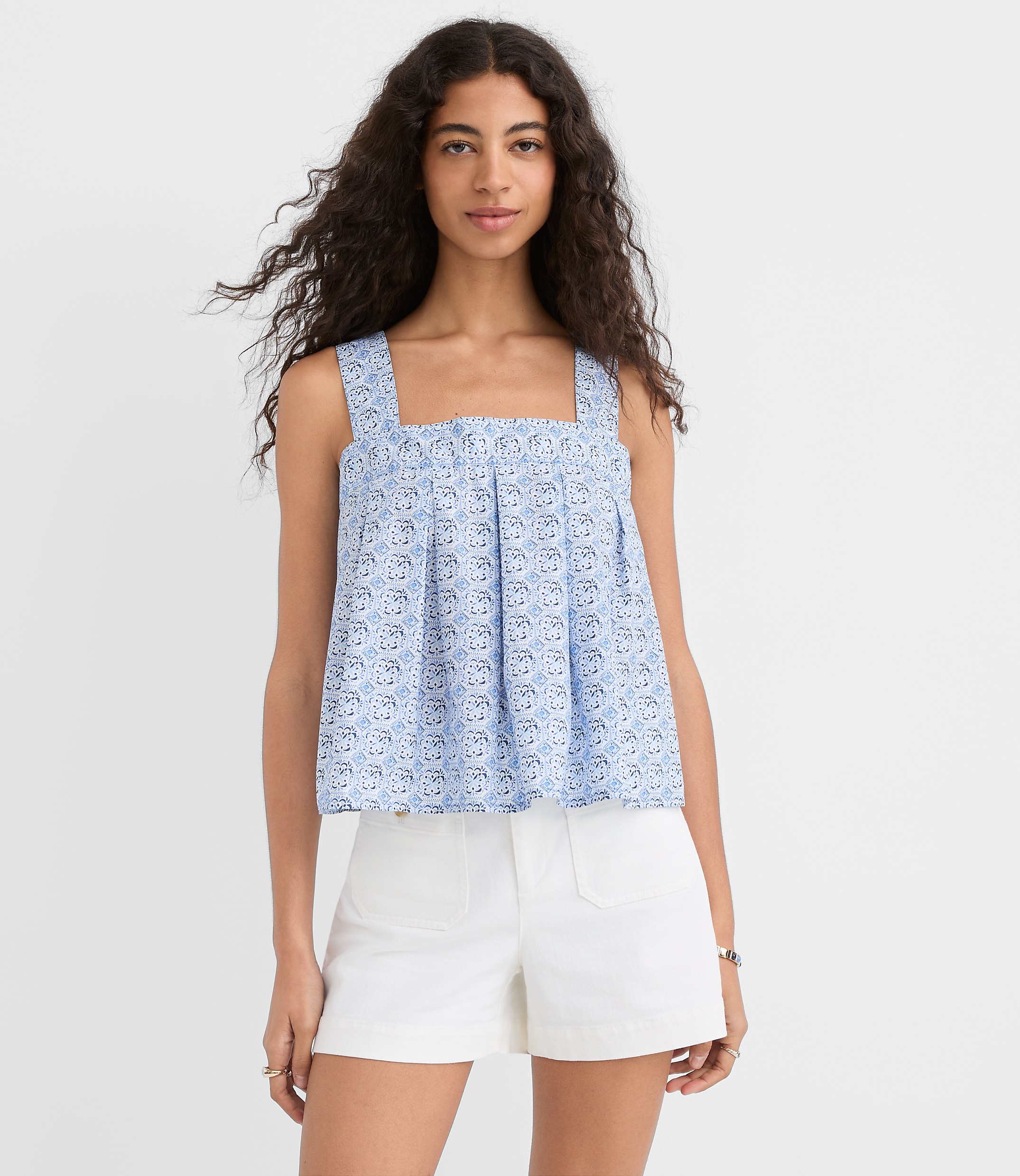 Petite Mosaic Poplin Tie Back Pleated Tank Top