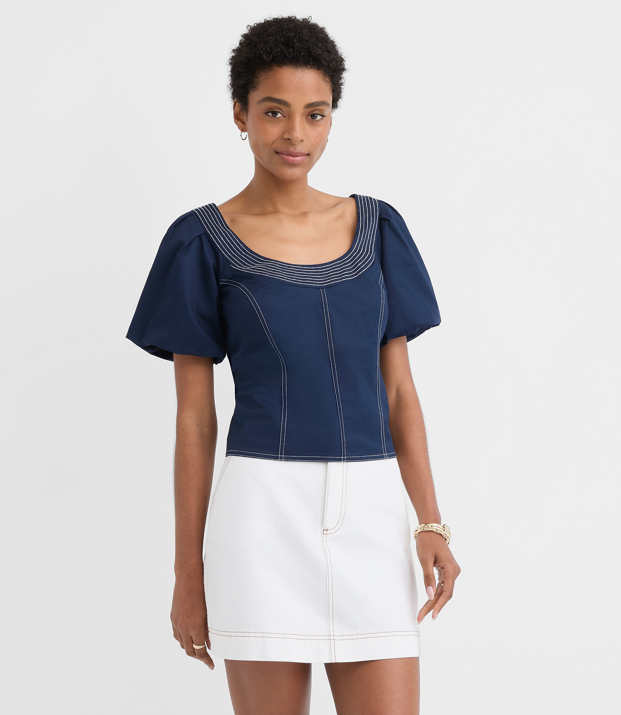 Petite Topstitched Poplin Balloon Sleeve Top