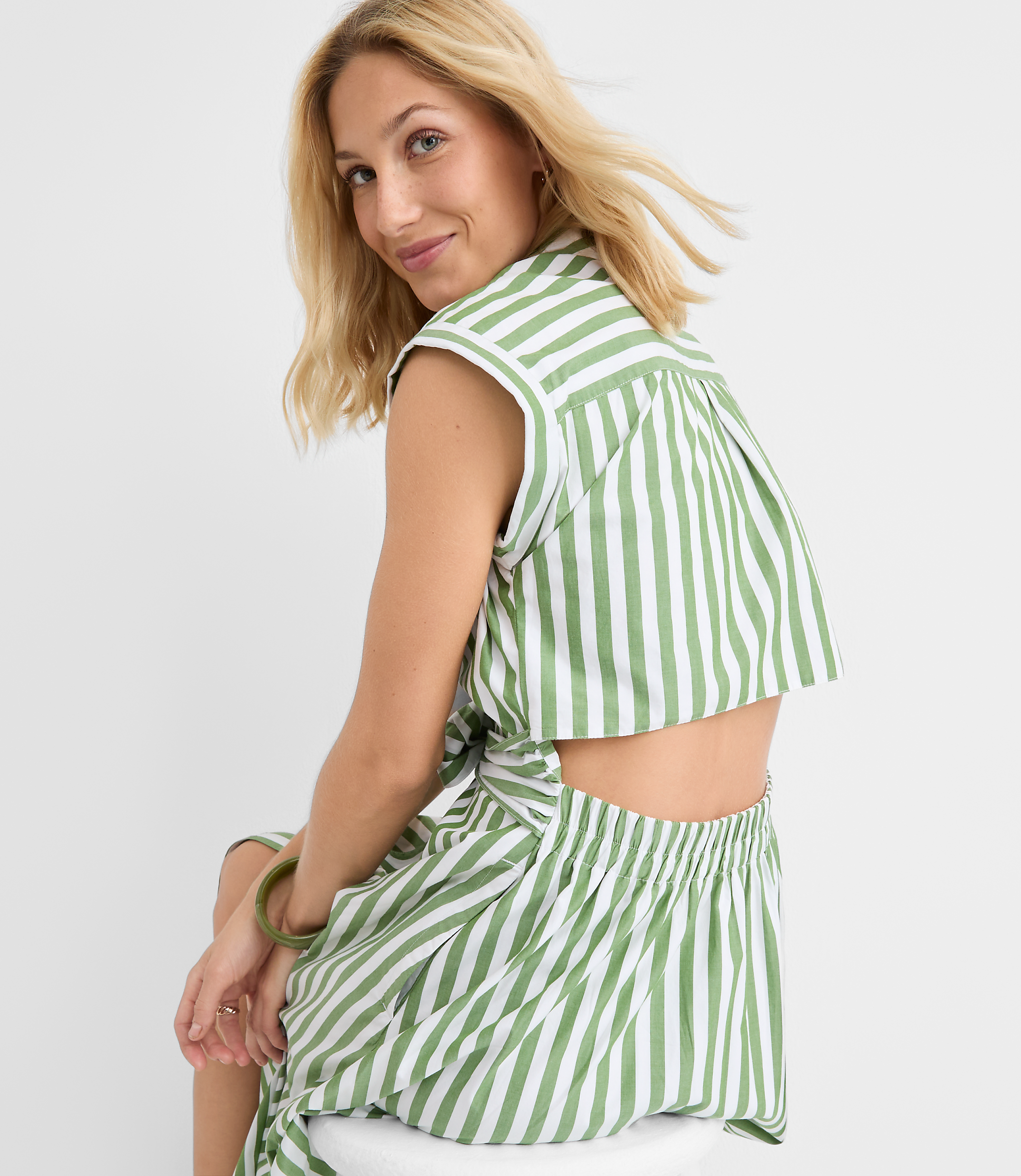 Tall Striped Poplin Cutout Back Midi Pocket Dress