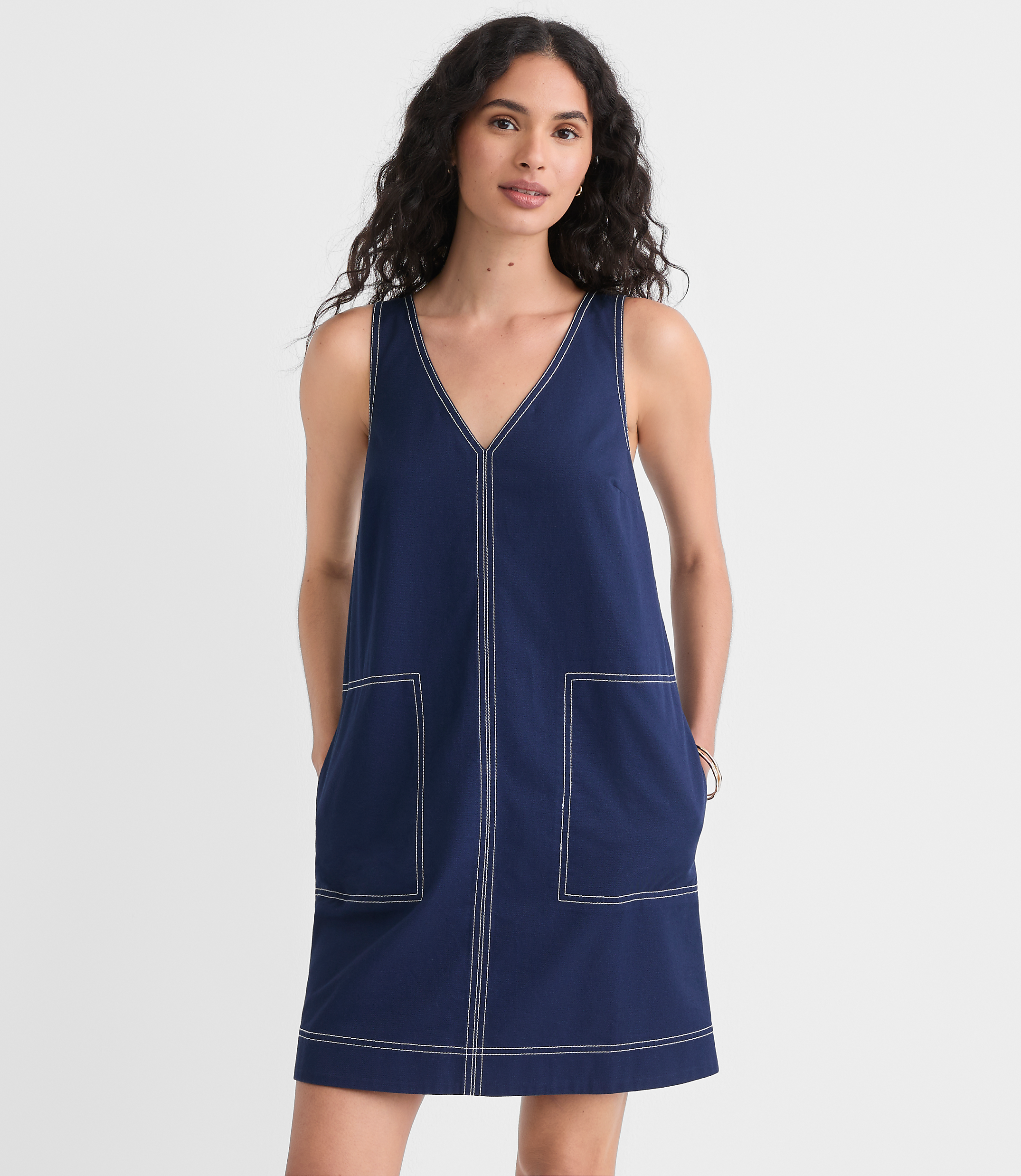 Petite Topstitched Double V Mini Pocket Dress