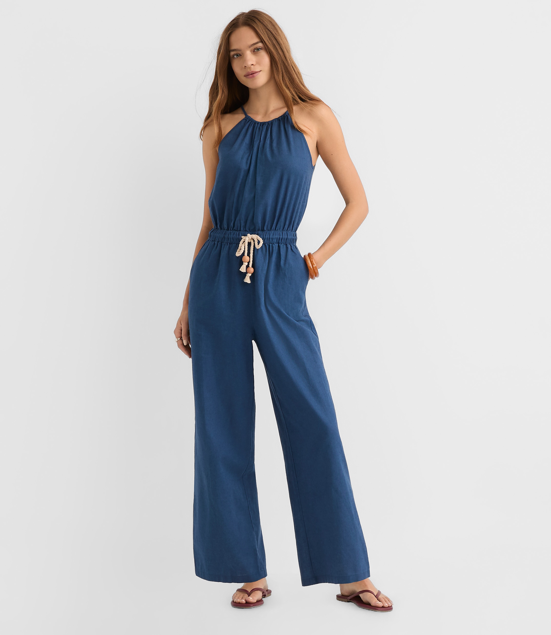 Petite LOFT Beach Rope Tie Linen Cotton Halter Jumpsuit