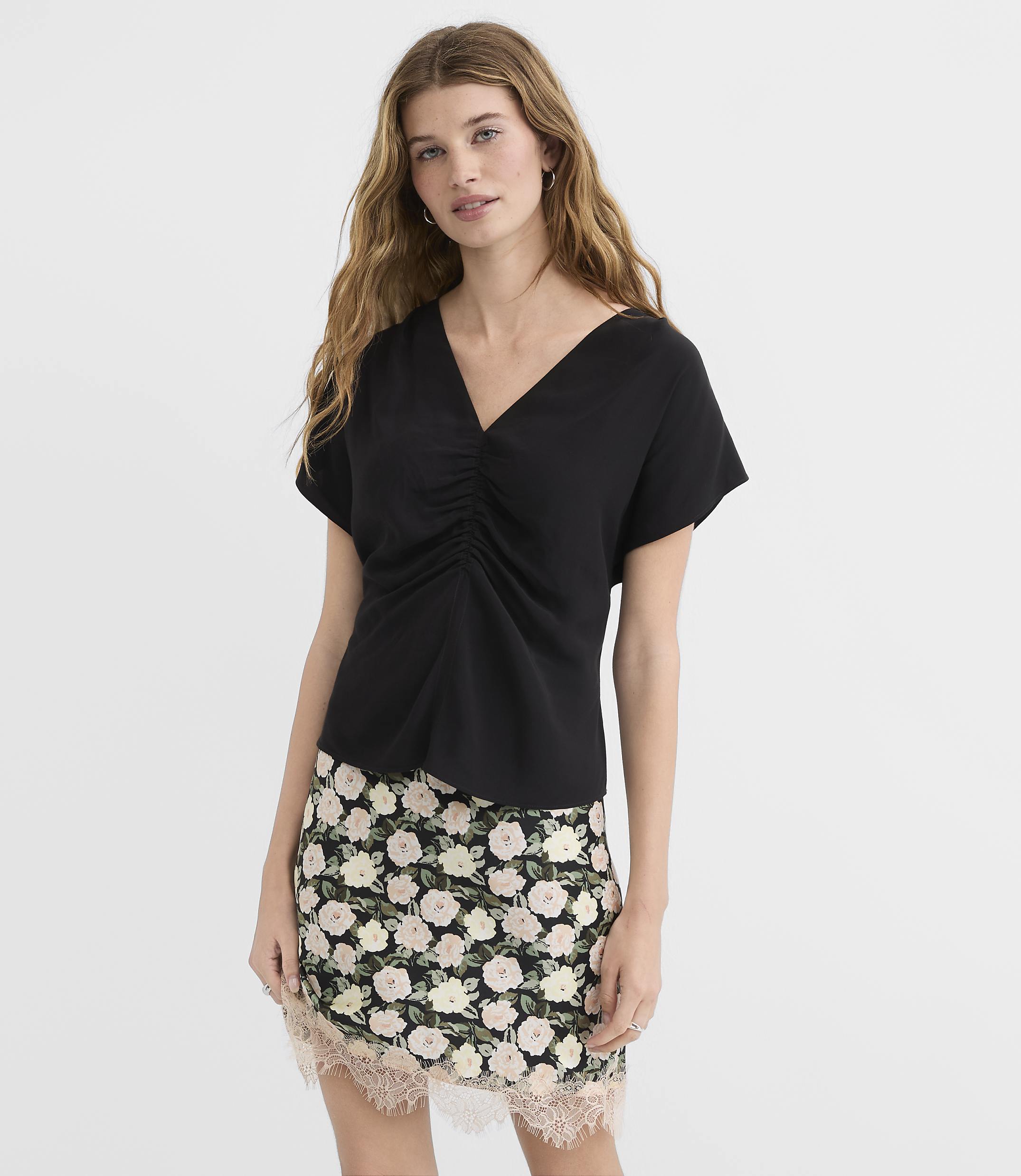 Petite Ruched Flutter Sleeve Top
