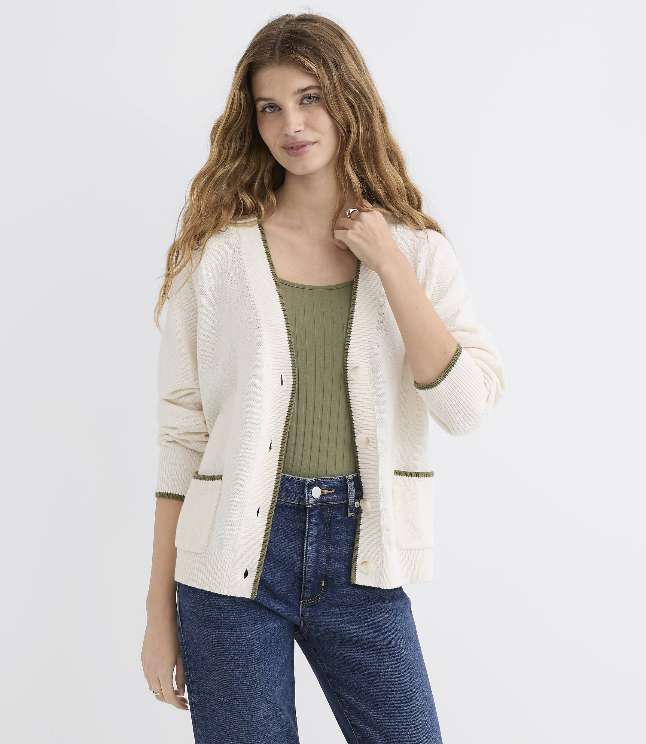 Petite Tipped Saddle Sleeve V-Neck Pocket Cardigan