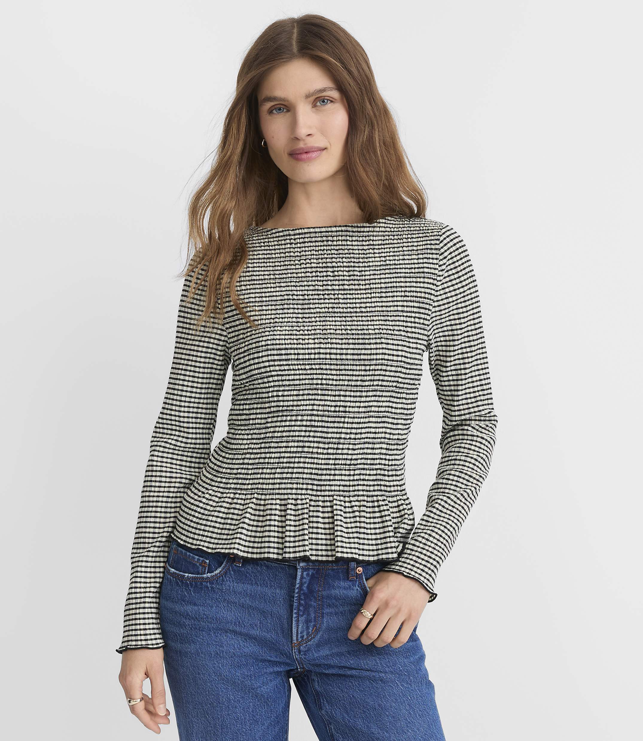 Petite Striped Smocked Ruffle Top