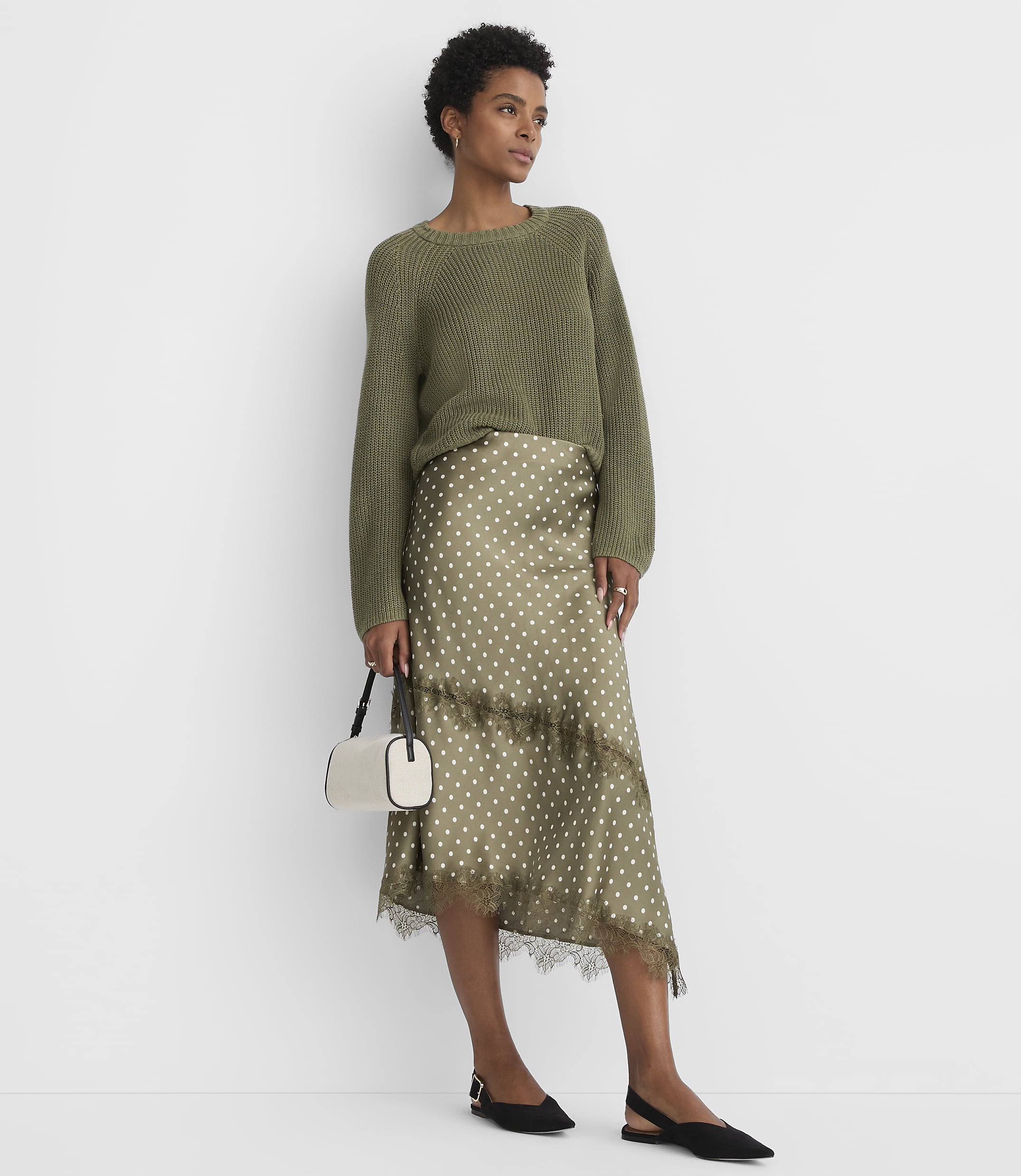 Petite Dotted Lace Trim Satin Asymmetrical Midi Skirt