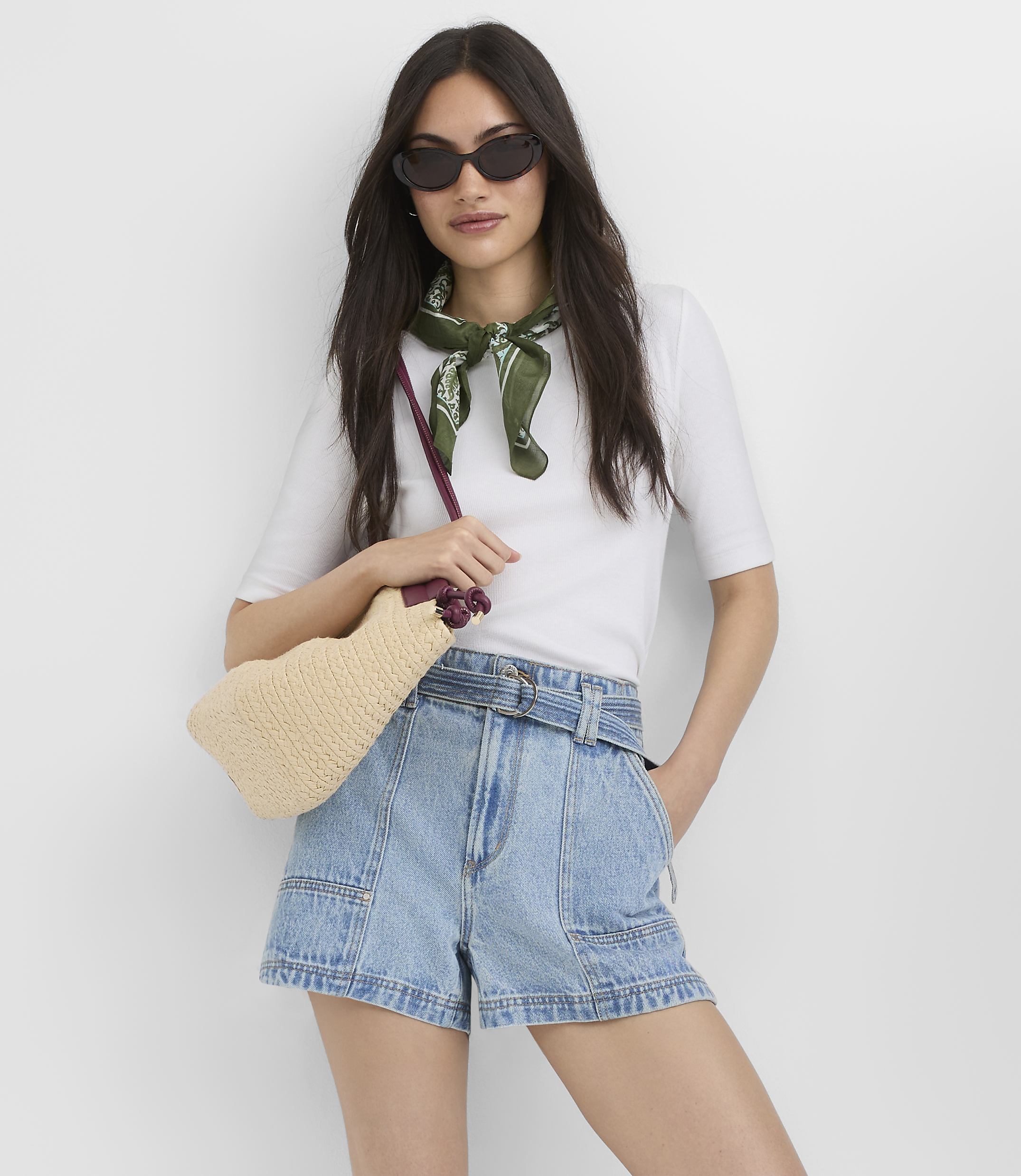 Rivete Petite Belted Denim Utility Shorts in Light Vintage Indigo