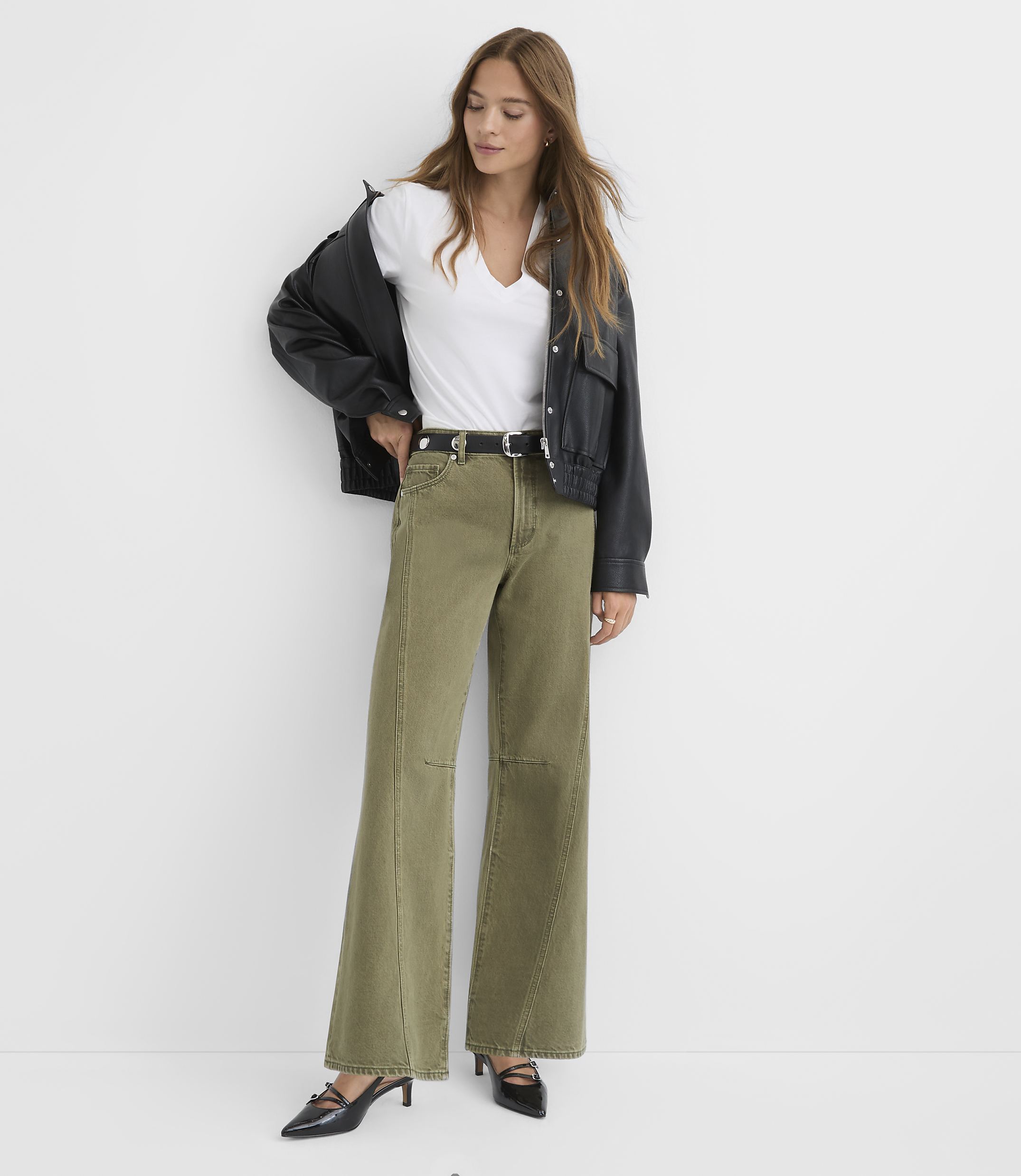 Rivete Tall Seamed Mid Rise Relaxed Flare Jeans in Washed Oregano