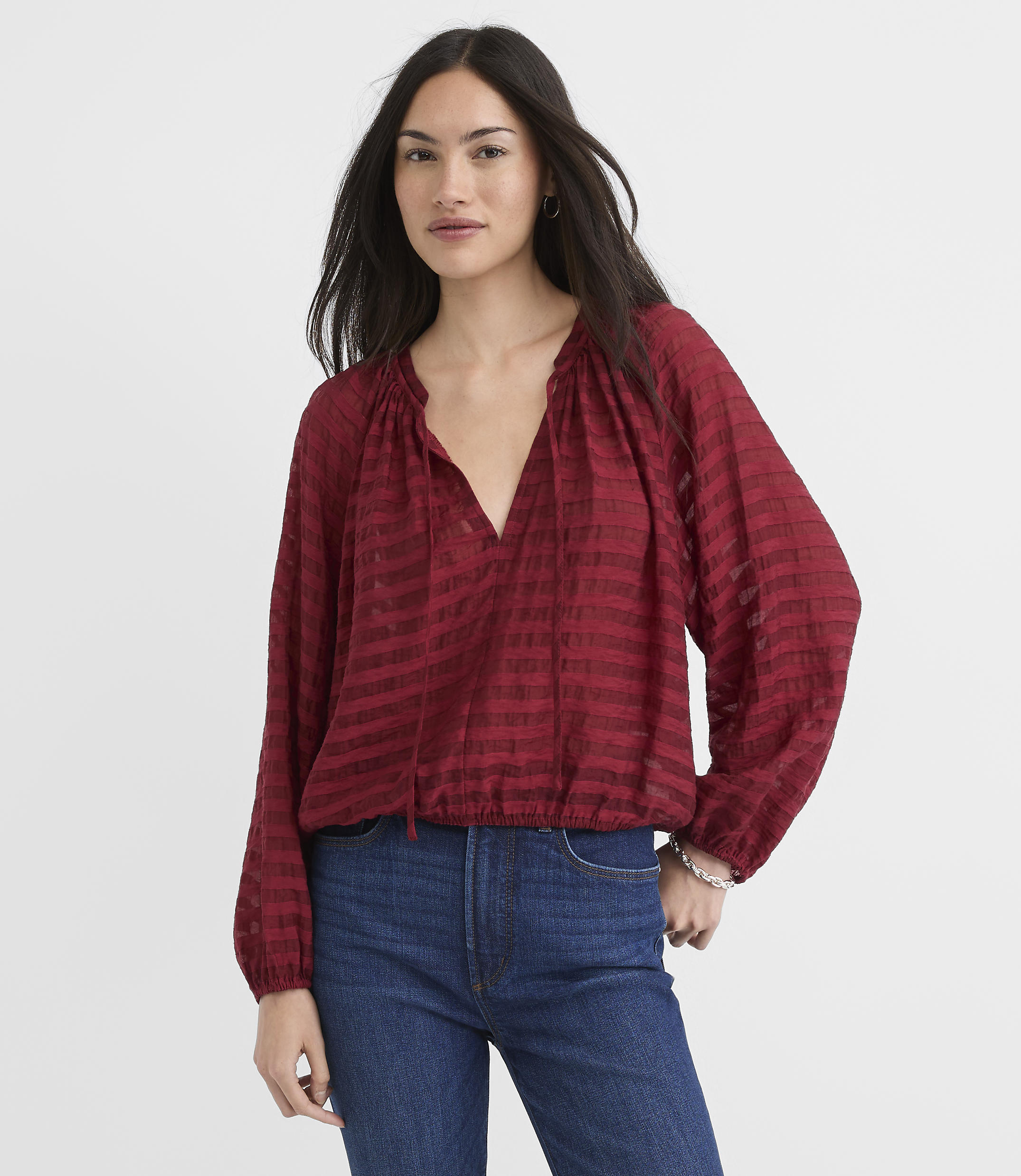 Petite Striped Tie Neck Bubble Blouse