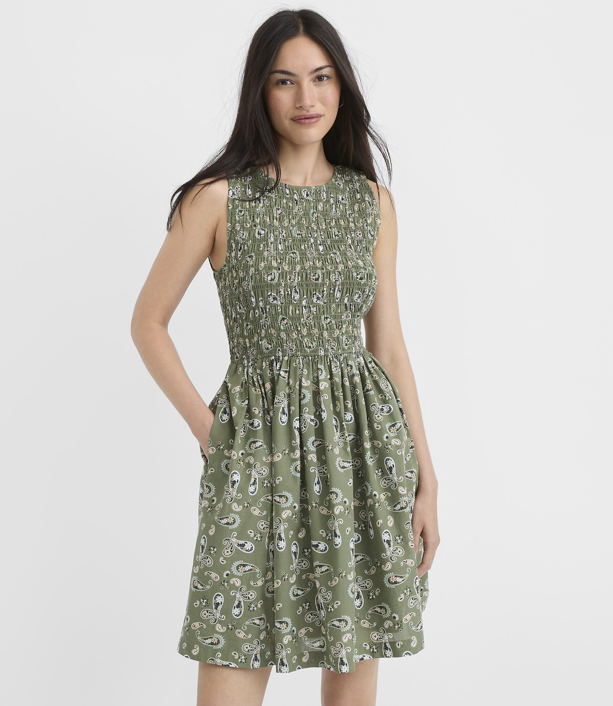 Petite Bandana Print Smocked Mini Pocket Dress