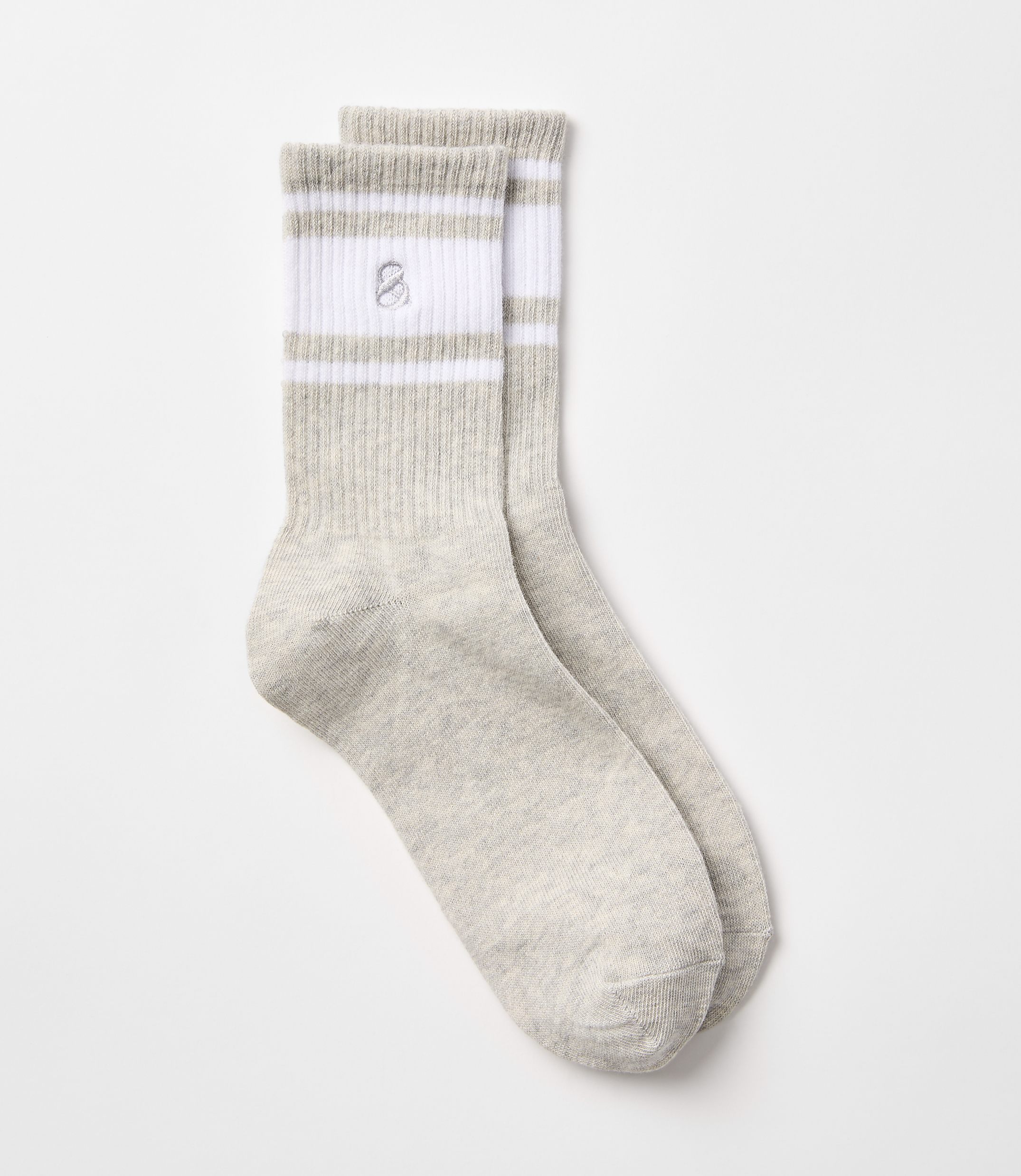 A pair of light gray crew socks with white stripes and a small embroidered logo are laid out against a plain white background.