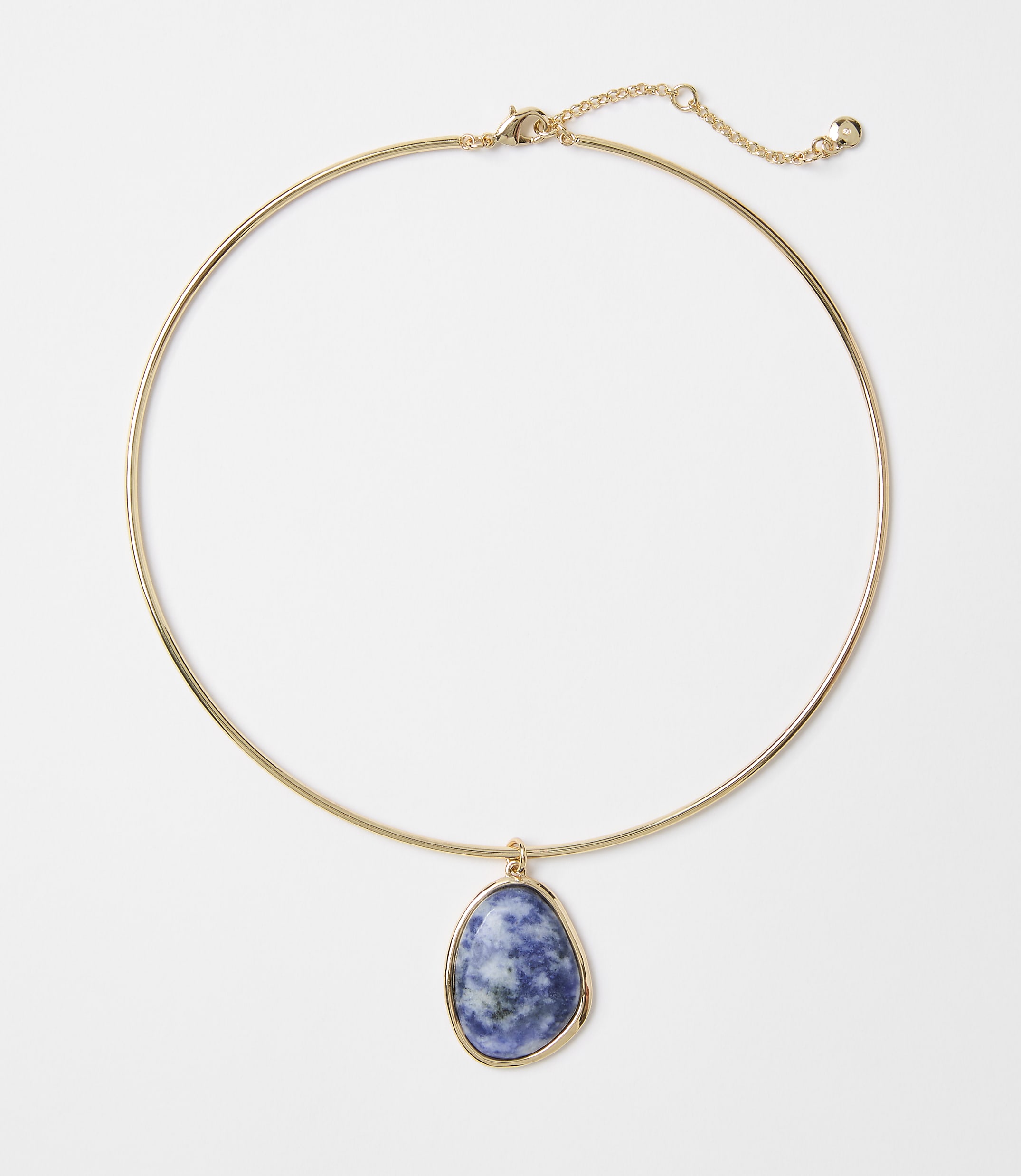 A gold choker necklace with a blue and white marbled stone pendant hangs against a plain white background.