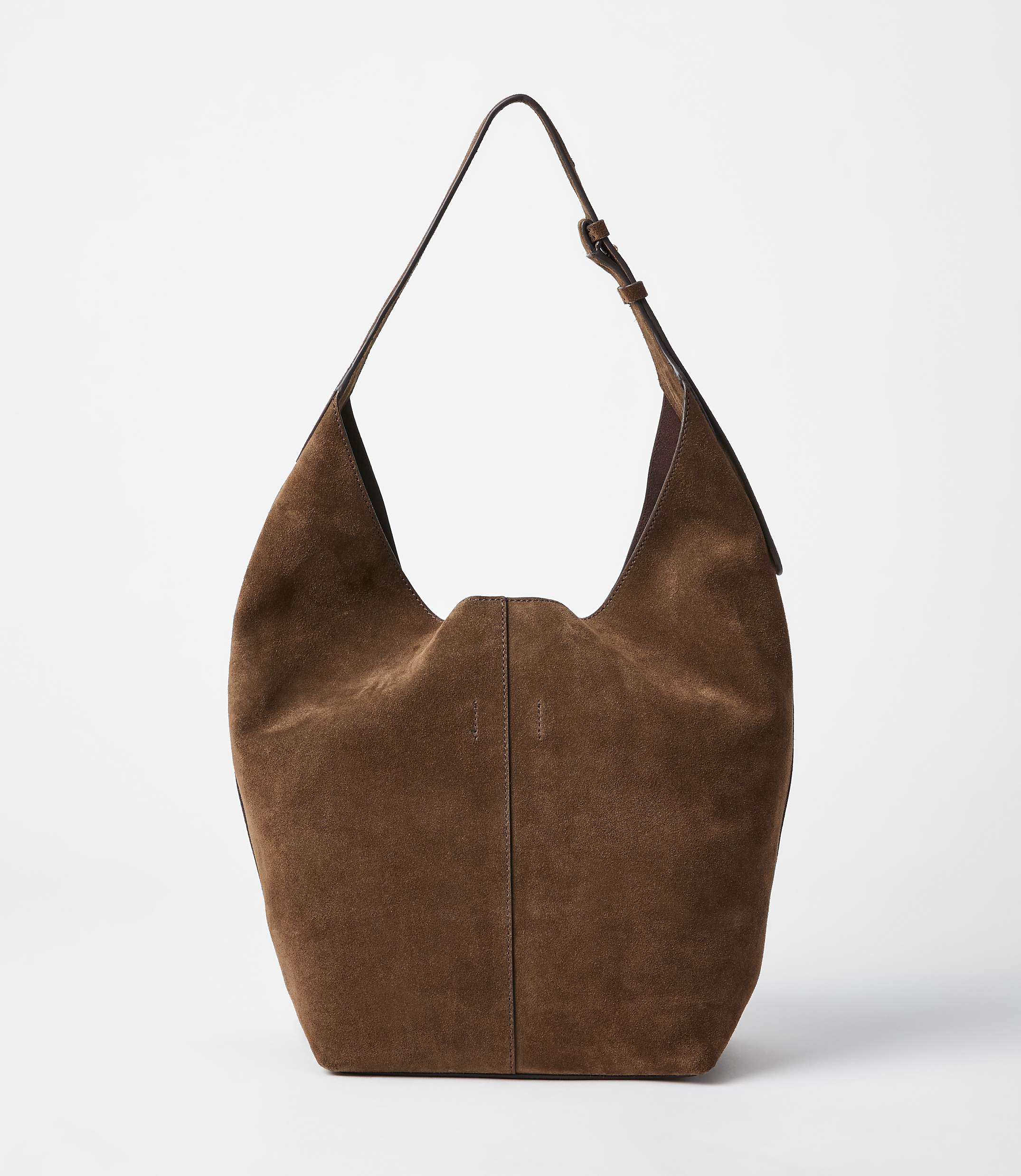 A brown suede hobo bag with a single strap hangs against a plain white background.