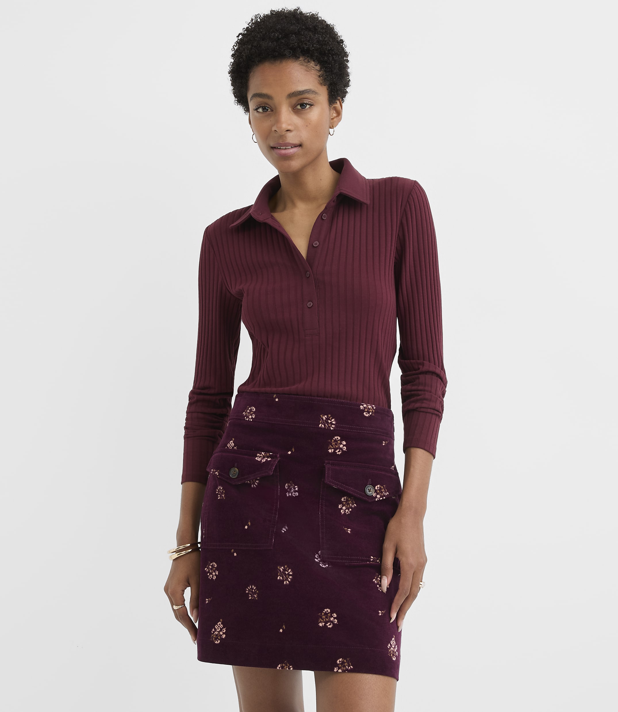 Petite Pointelle Ribbed Polo Top