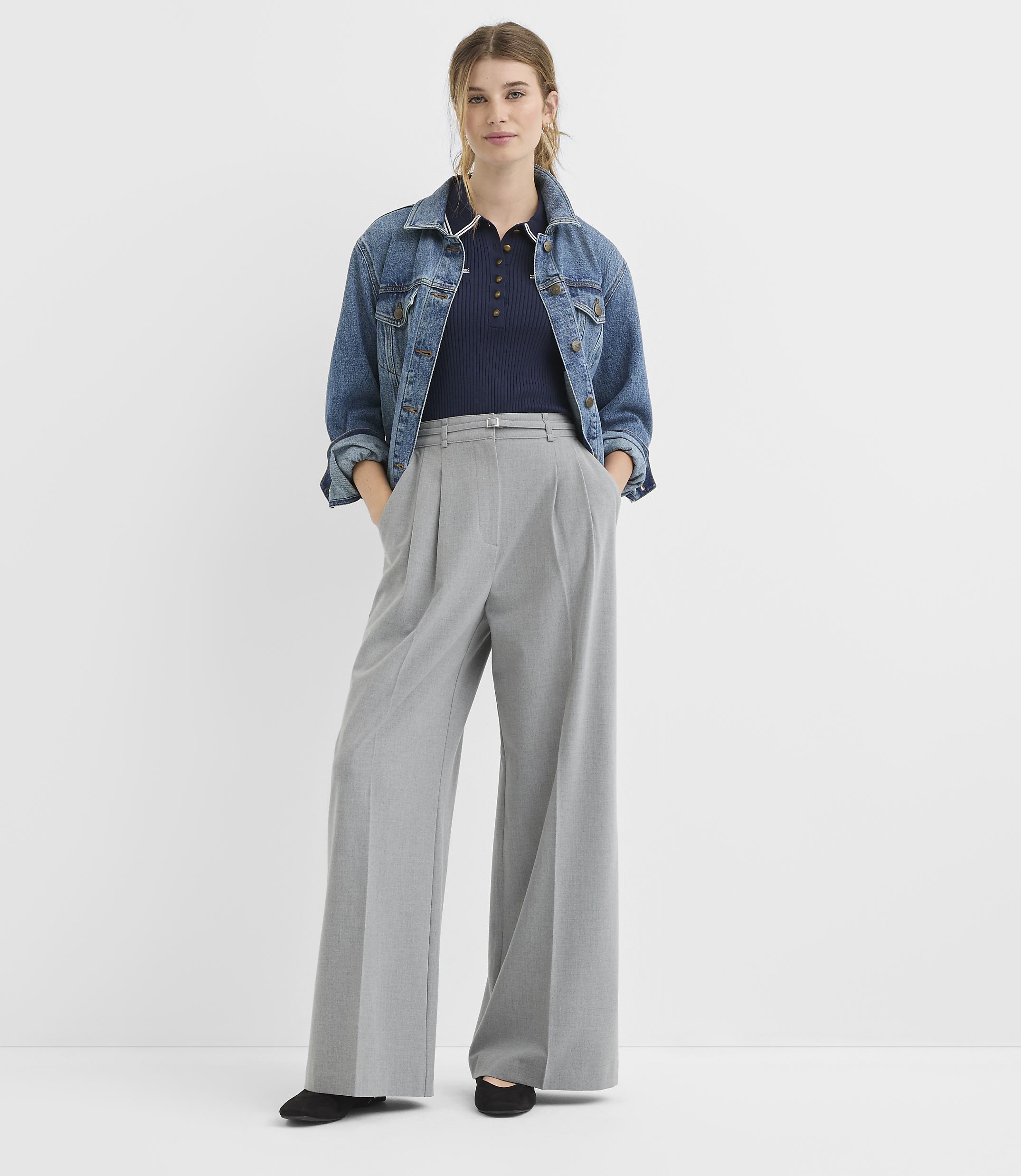 Petite Belted Slouchy Trouser Pants in Heather