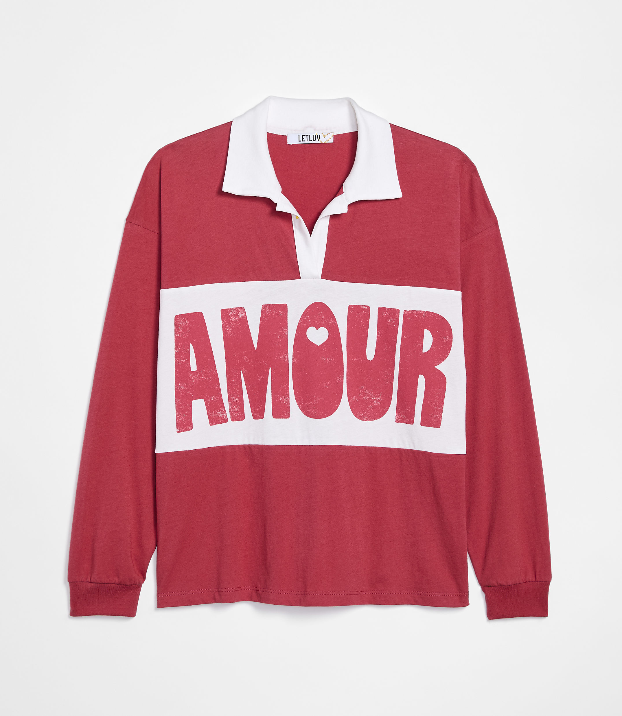 A red long-sleeved polo shirt with "AMOUR" printed in white across the chest is displayed against a plain white background.