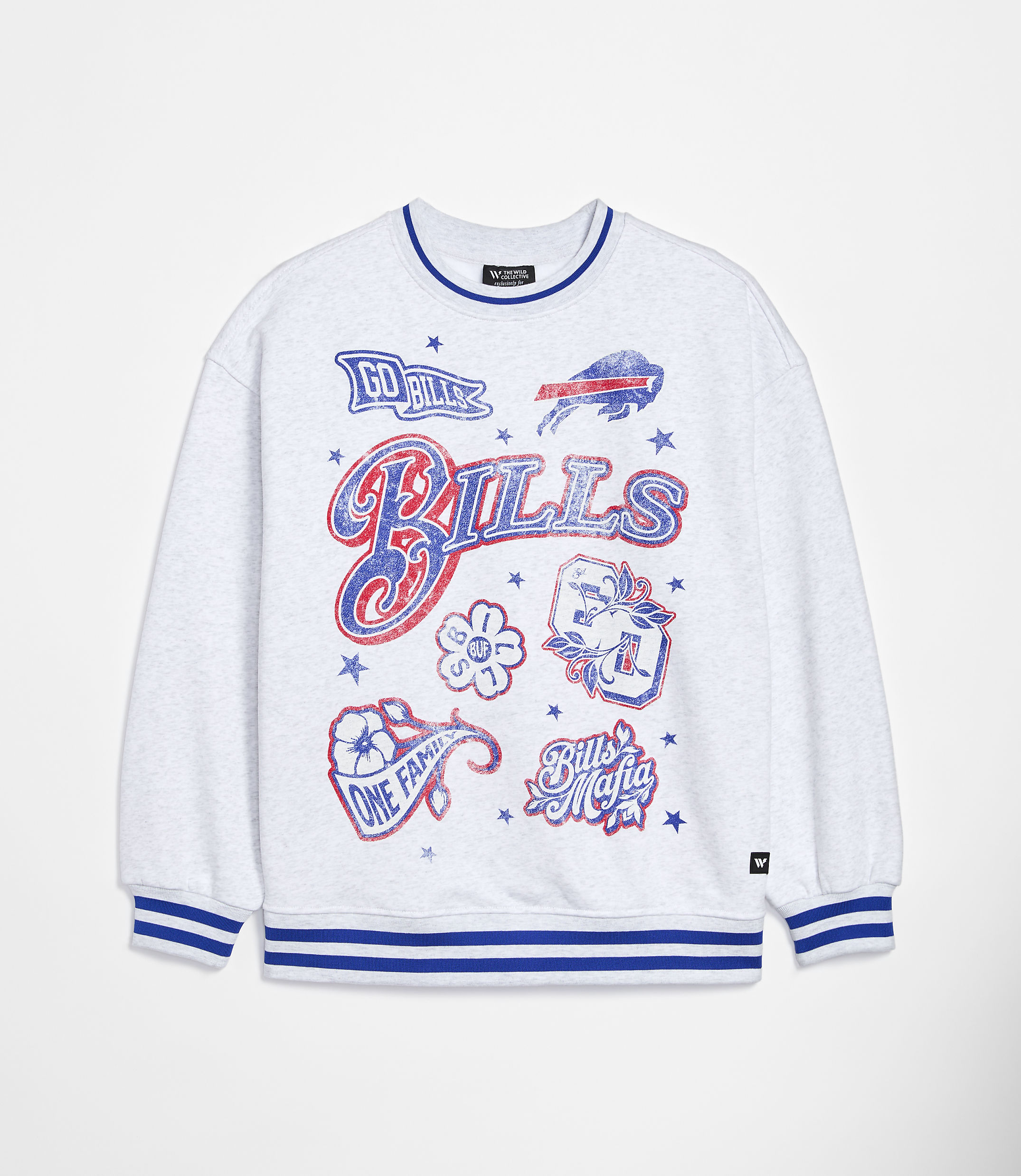 A light gray sweatshirt with blue and red Buffalo Bills graphics is displayed against a plain white background.