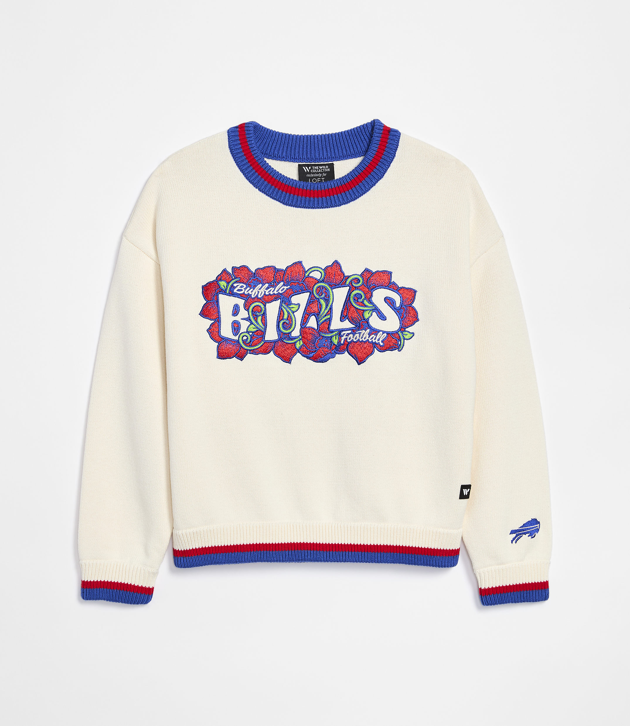 A cream-colored sweater with a floral "Bills Football" logo on the front and a small Buffalo Bills logo on the sleeve is displayed against a plain white background.