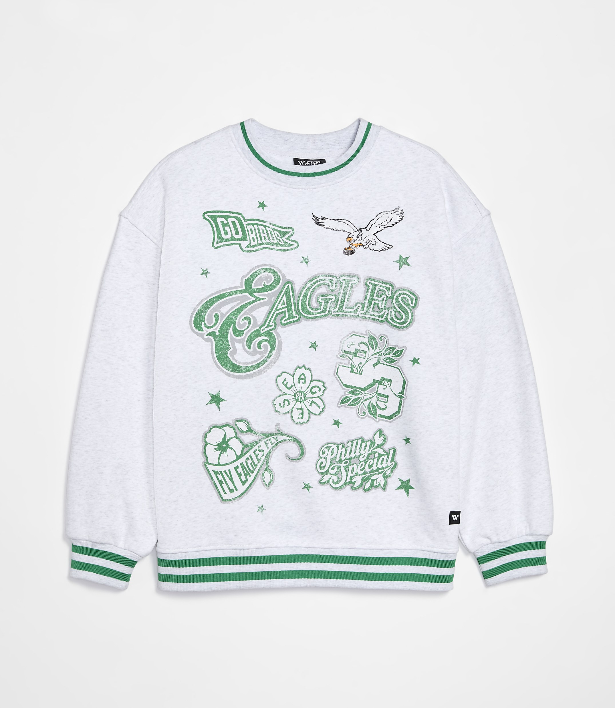 A white sweatshirt with green Eagles-themed graphics is displayed against a plain white background.