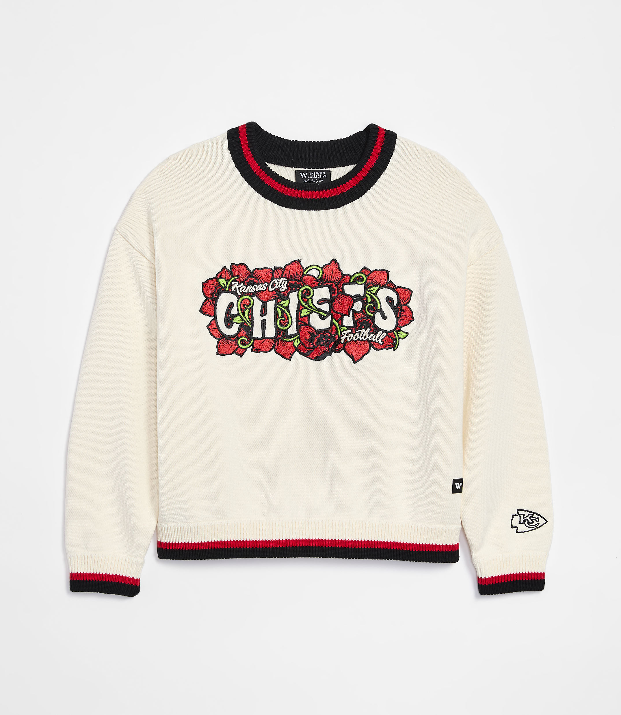 A cream-colored sweater with a floral "Chiefs Football" graphic on the front and a plain white background.