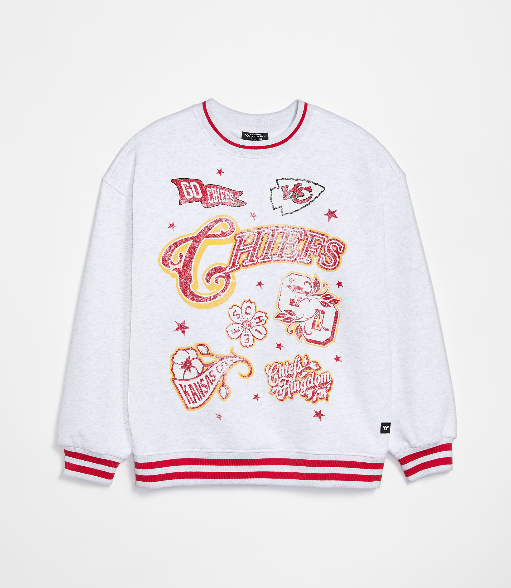 A white sweatshirt with red trim and various Kansas City Chiefs graphics is displayed against a plain white background.