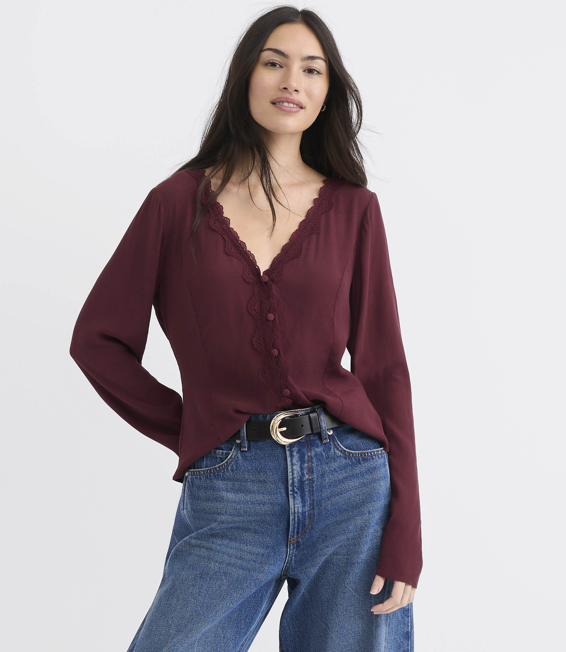 Petite Lace Trim V-Neck Blouse