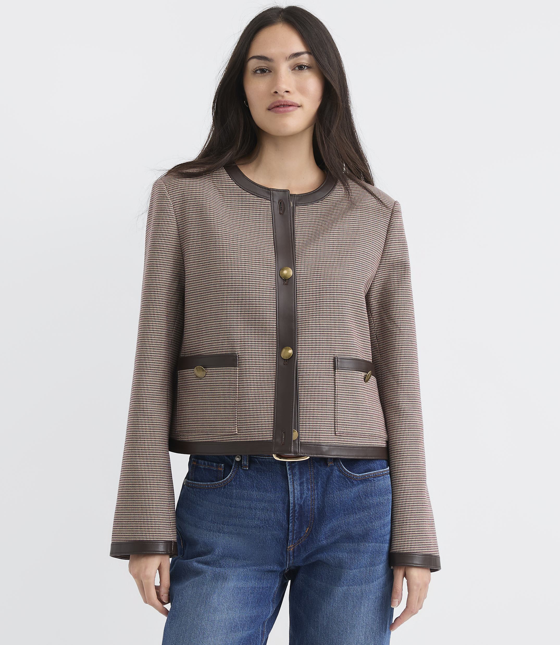 Tall Faux Leather Trim Houndstooth Collarless Jacket