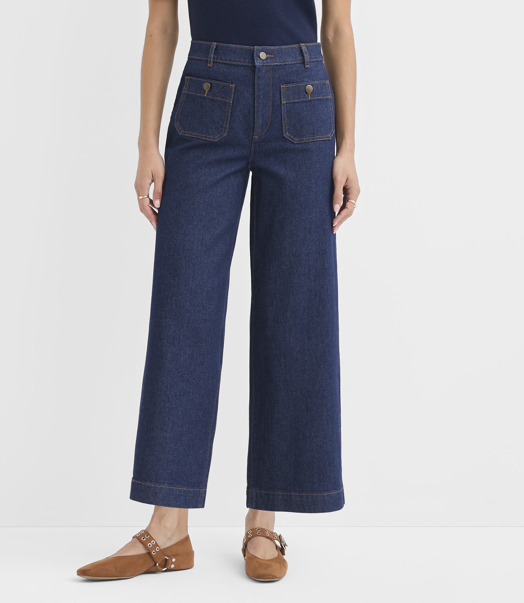 Petite Curvy Palmer Denim Wide Leg Pants in Classic Rinse Wash