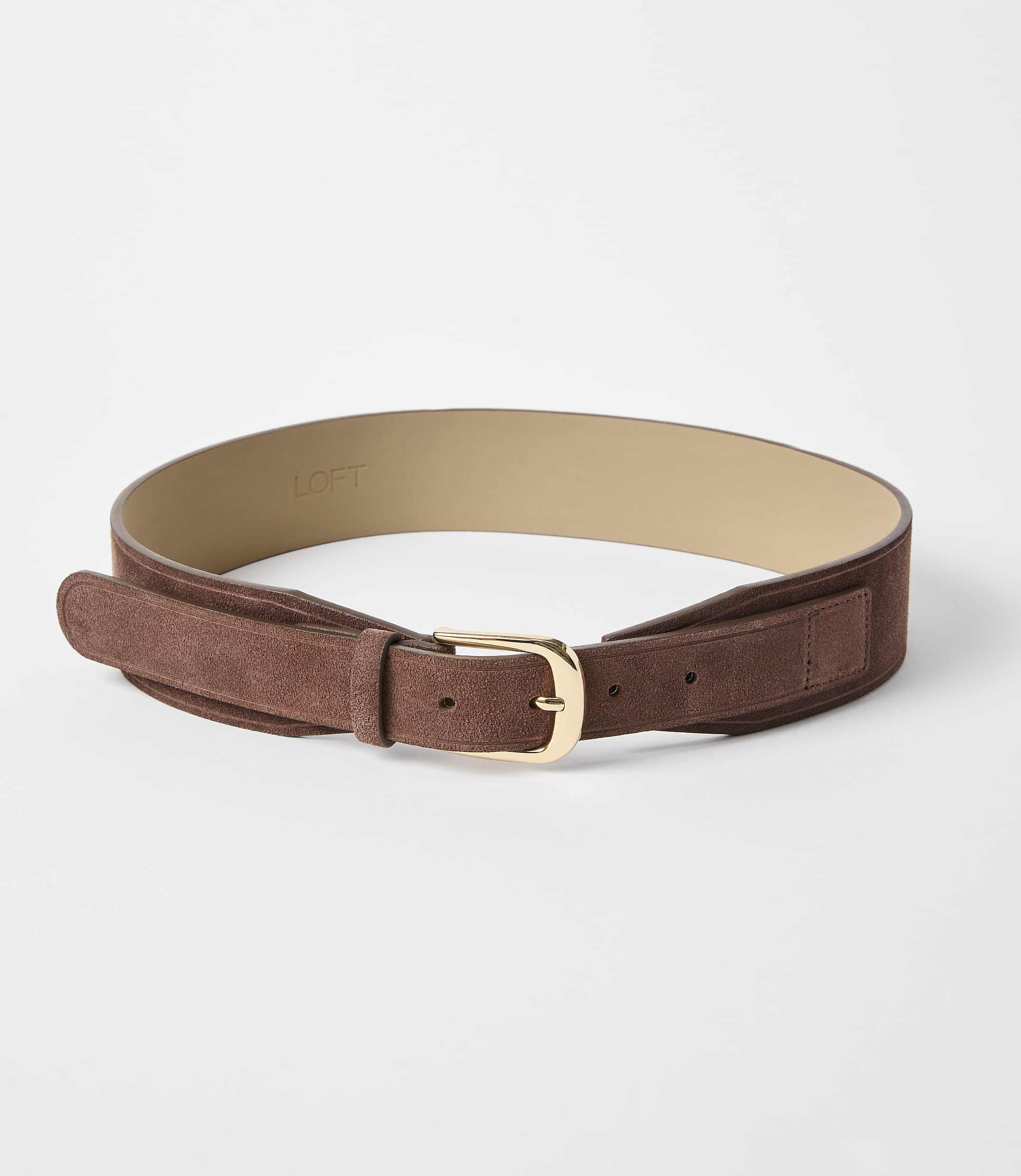 A brown suede belt with a gold buckle lies on a plain white background.