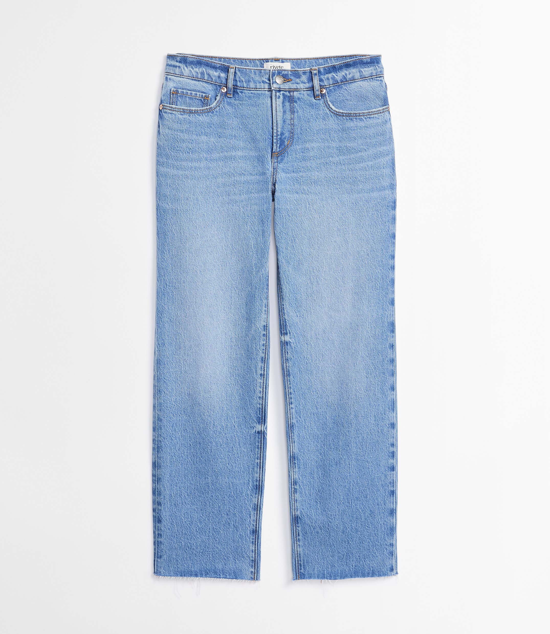 Light blue denim jeans with a straight leg are displayed against a plain white background.