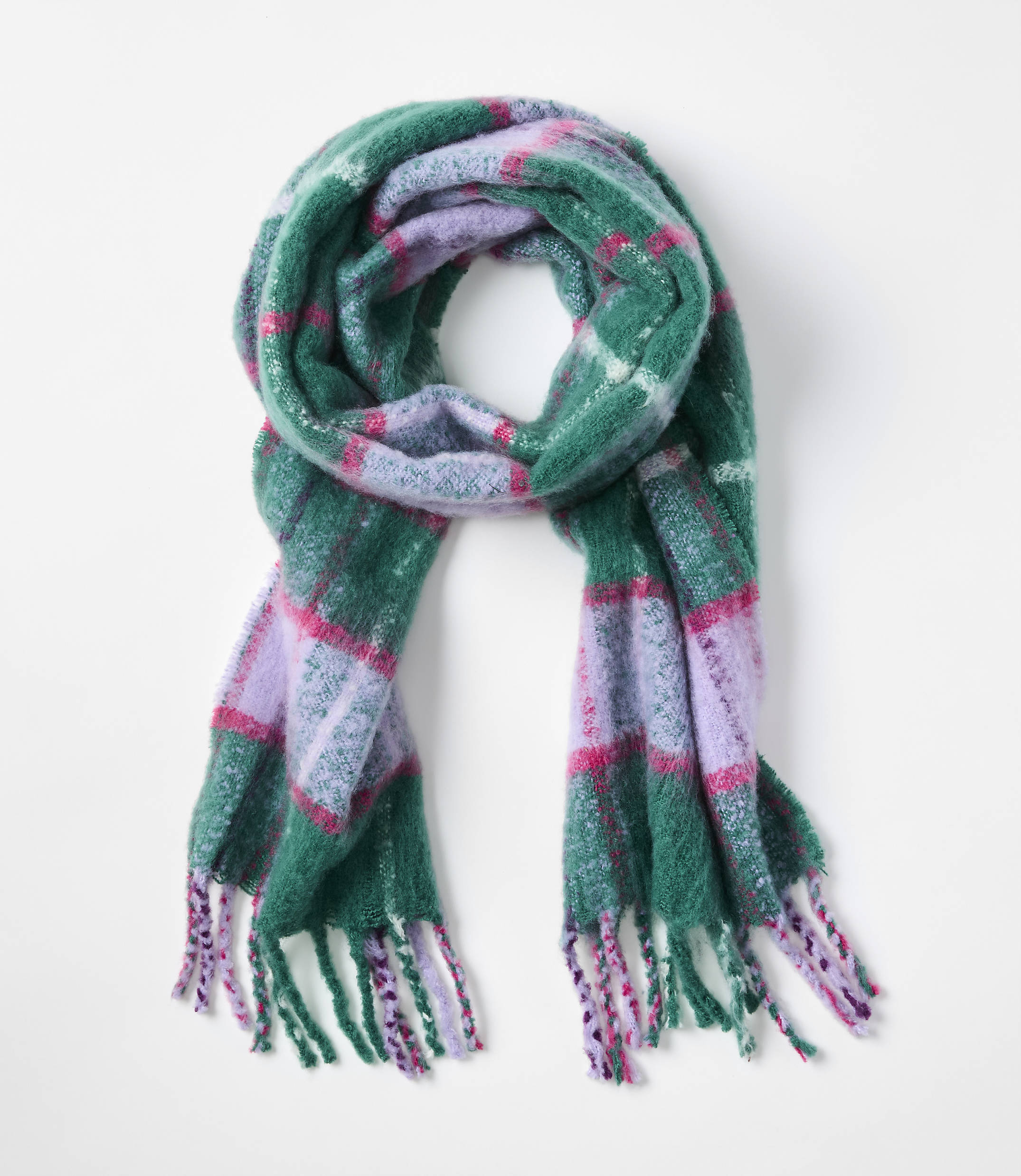 A green, purple, and pink plaid scarf is draped in a loop against a plain white background.