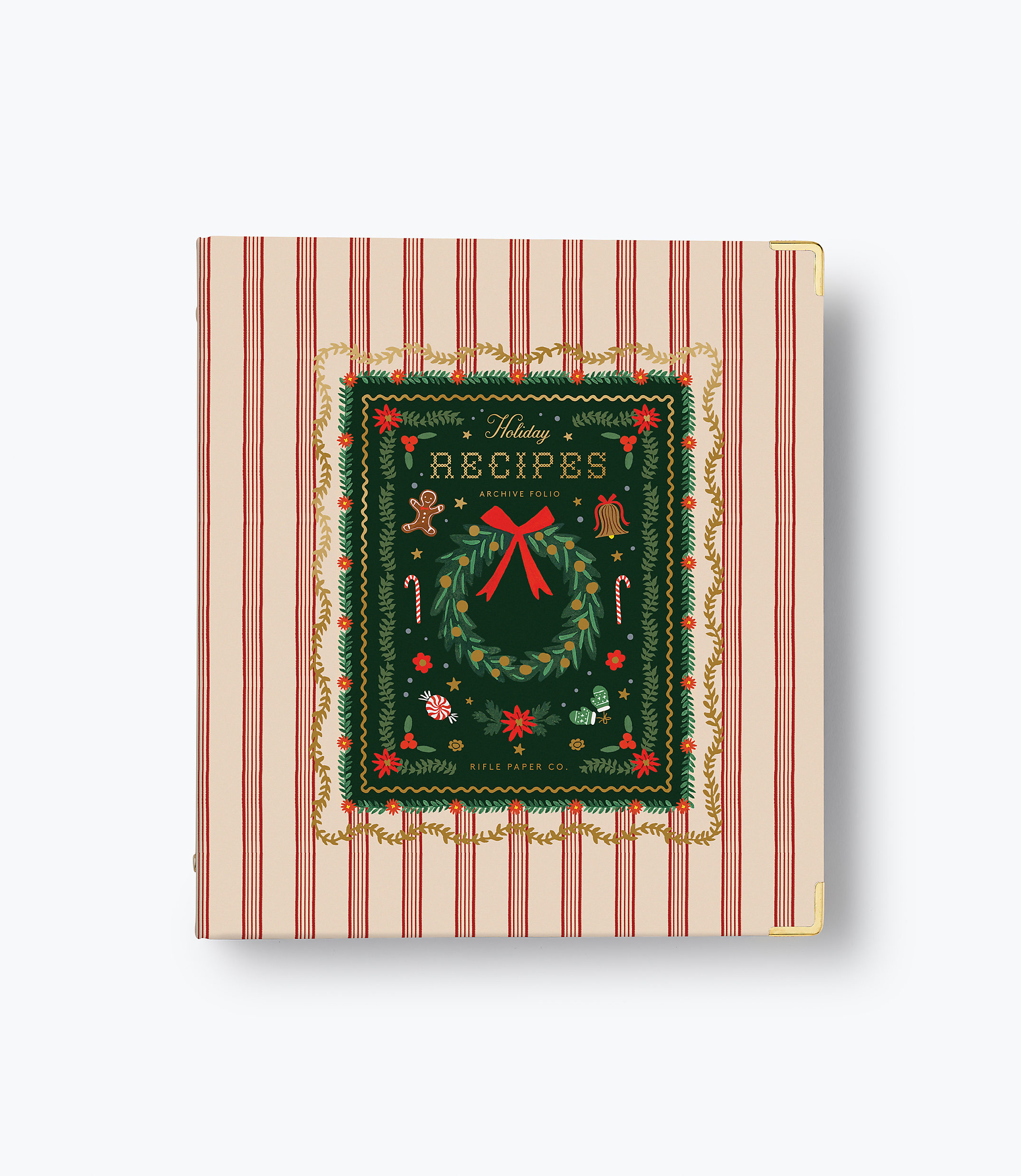A holiday recipe archive folio with a festive wreath design sits centered against a red and white striped background.