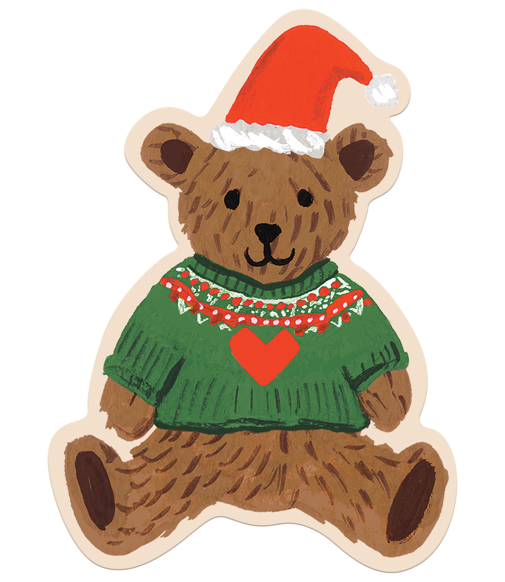 A brown teddy bear wearing a red Santa hat and a green sweater with a red heart sits against a plain white background.