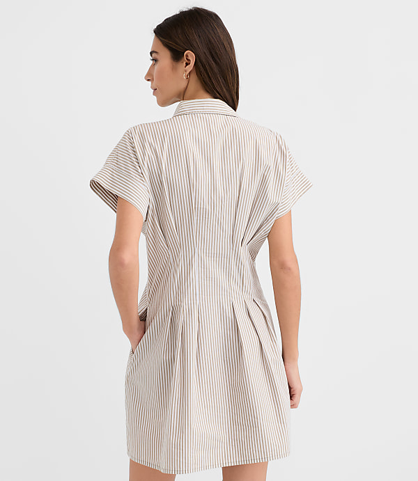 Striped Poplin Pleated Mini Pocket Shirtdress