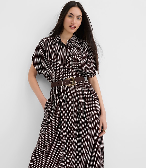 Pindot Pleated Midi Pocket Shirtdress