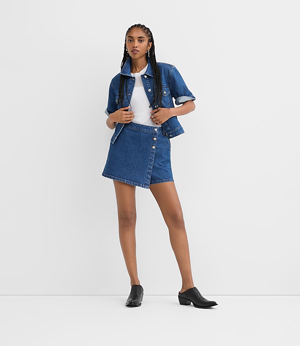 Denim Wrap Skort in Medium Stone Wash