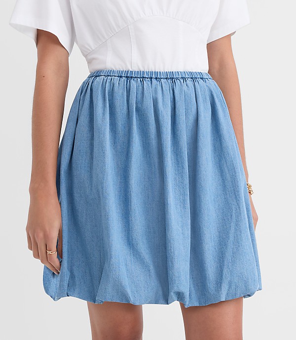 Chambray Ruched Bubble Mini Skirt