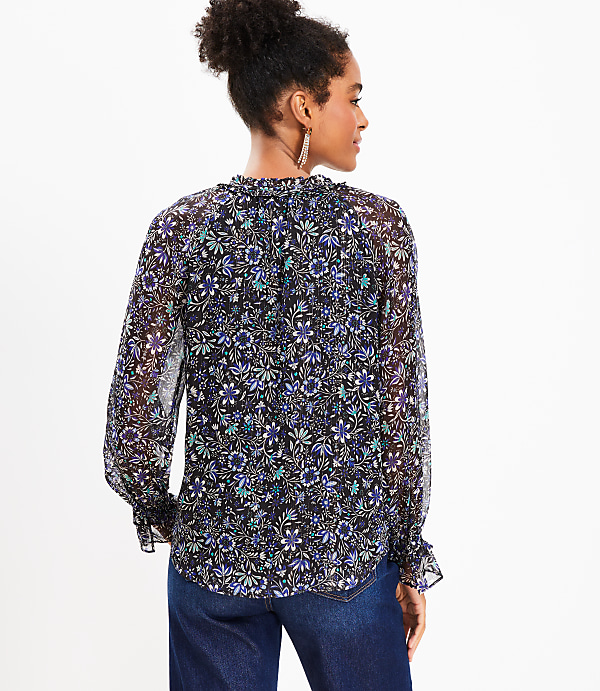 Shimmer Floral Ruffle Tie Neck Blouse