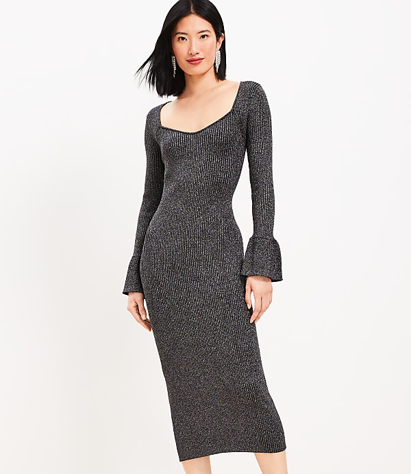 Petite Ribbed Trumpet Sleeve Midi Sweater Dress
